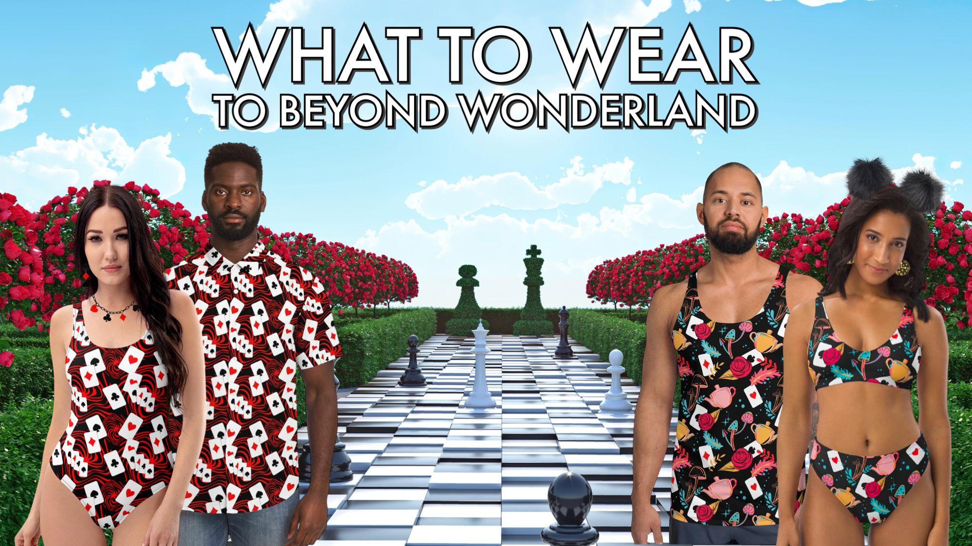 Models wearing Wonderland-inspired rave outfits standing on a giant chessboard garden backdrop — featuring matching playing-card and whimsical print festival apparel for men and women in a Beyond Wonderland outfit guide.