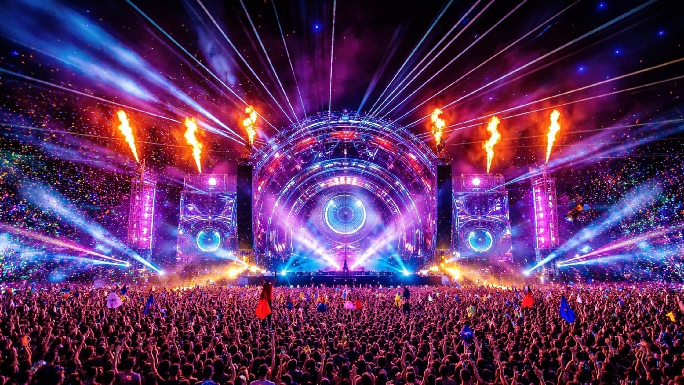 Electronic dance music festival crowd watching a colorful EDM stage with lasers, lights, and pyro effects.