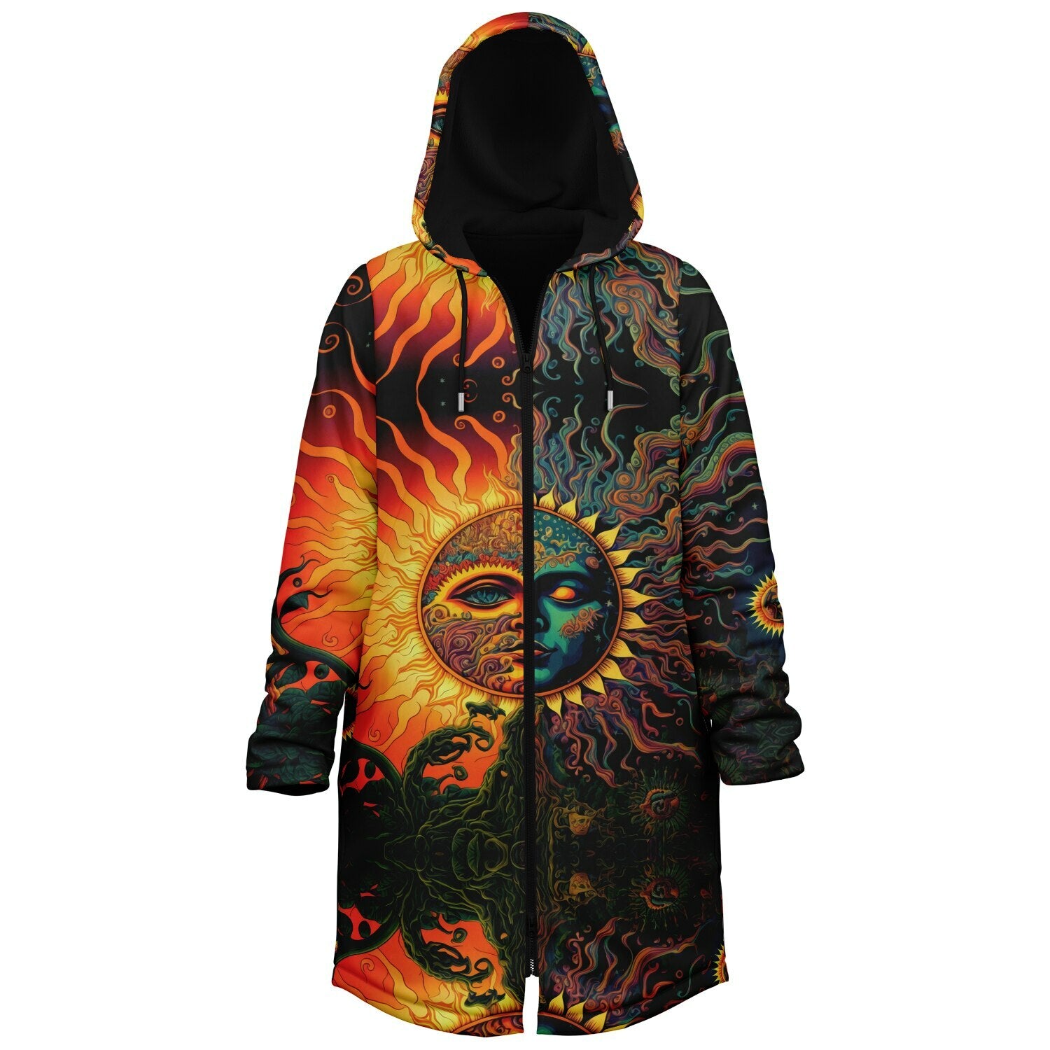 Front of Apollo zipper cloak with sun and flame design on a white background
