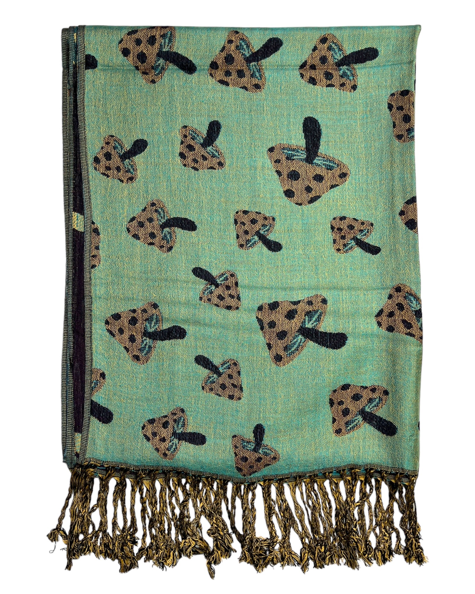 A navy and teal reversible pashmina with a mushroom pattern, displaying fringes on the ends.