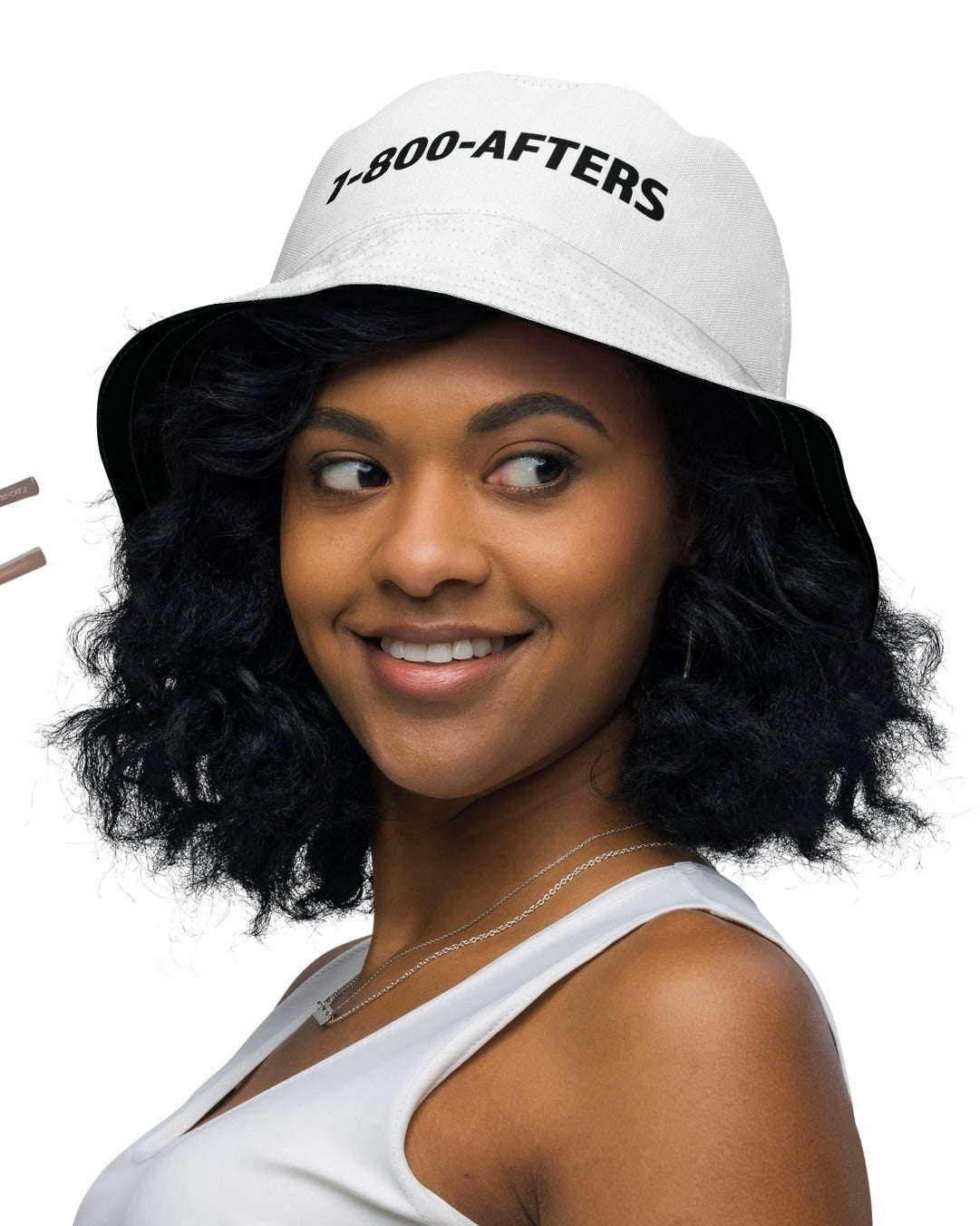 Bottom view of 1-800-Afters Reversible Bucket Hat White Side on model