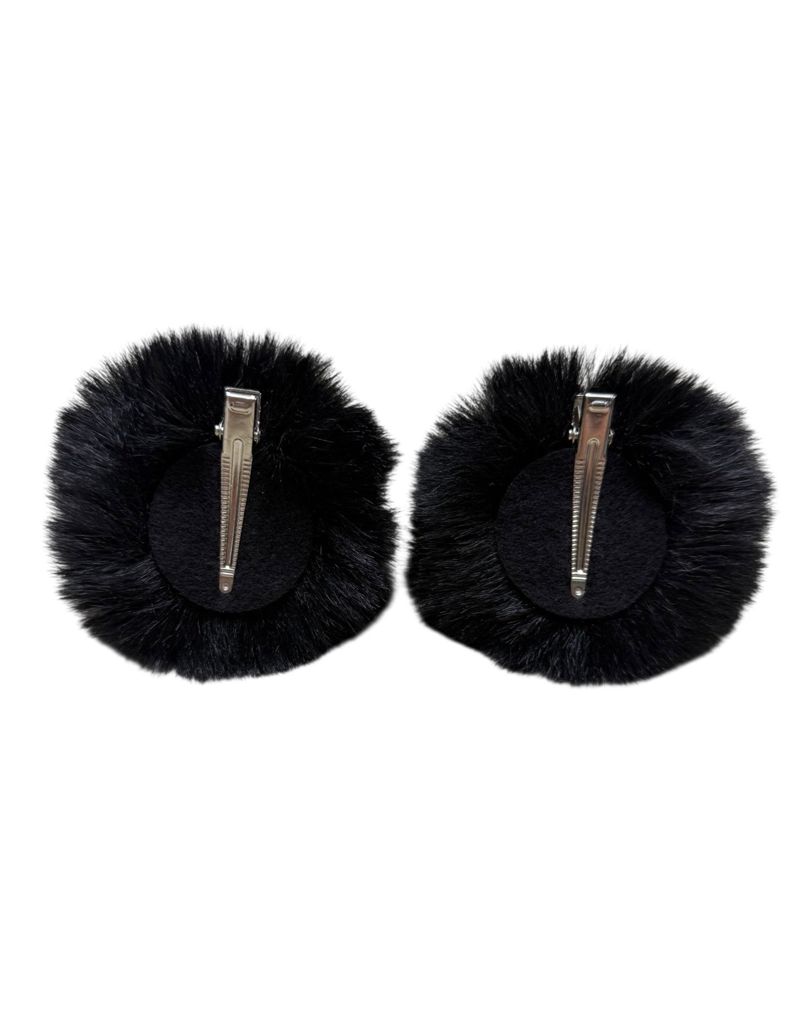 Back view of black faux fur space bun with silver alligator clips - hair accessories