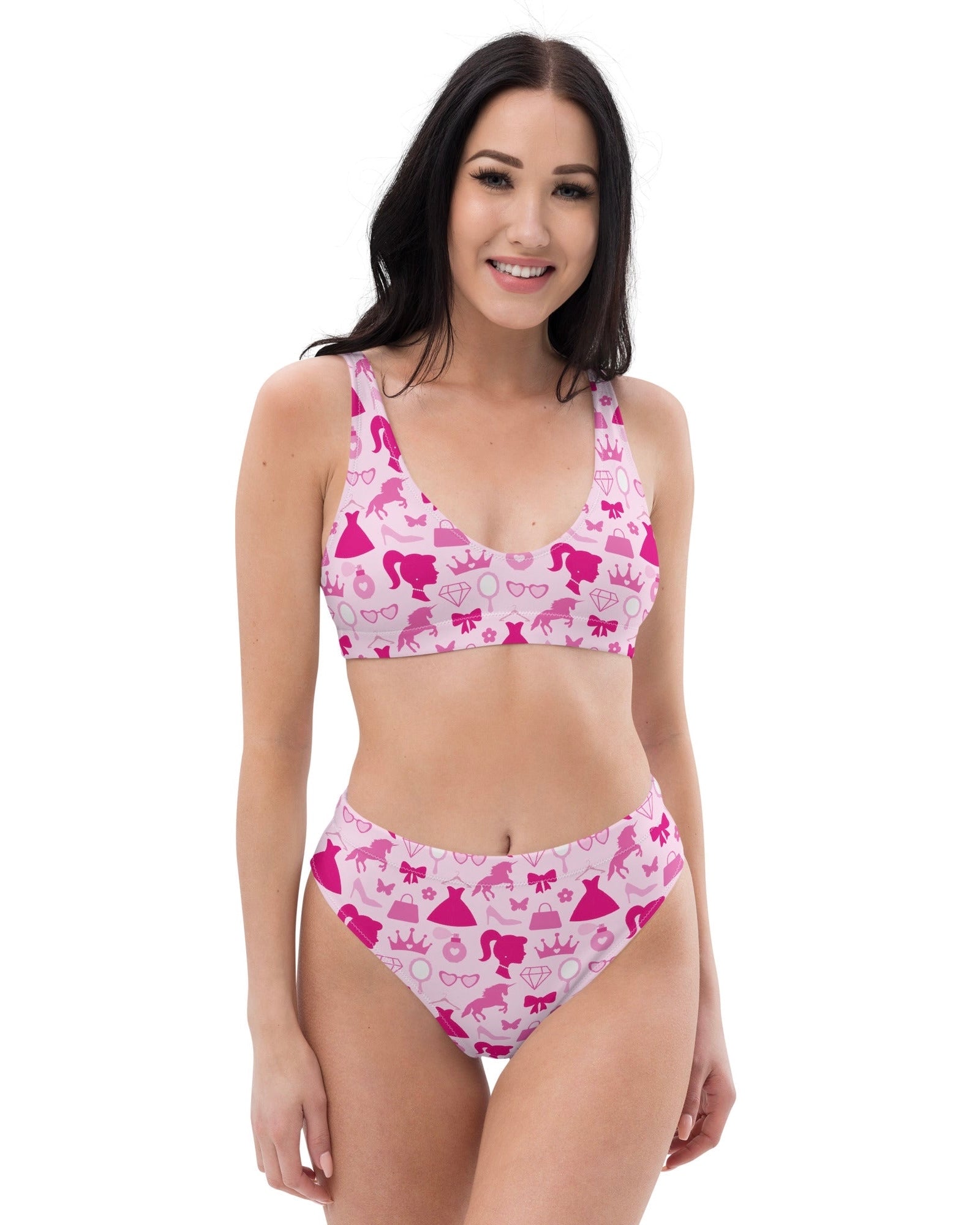Front view of Model wearing Let's Go Party Recycled Padded V-Top & High Waisted Bottoms