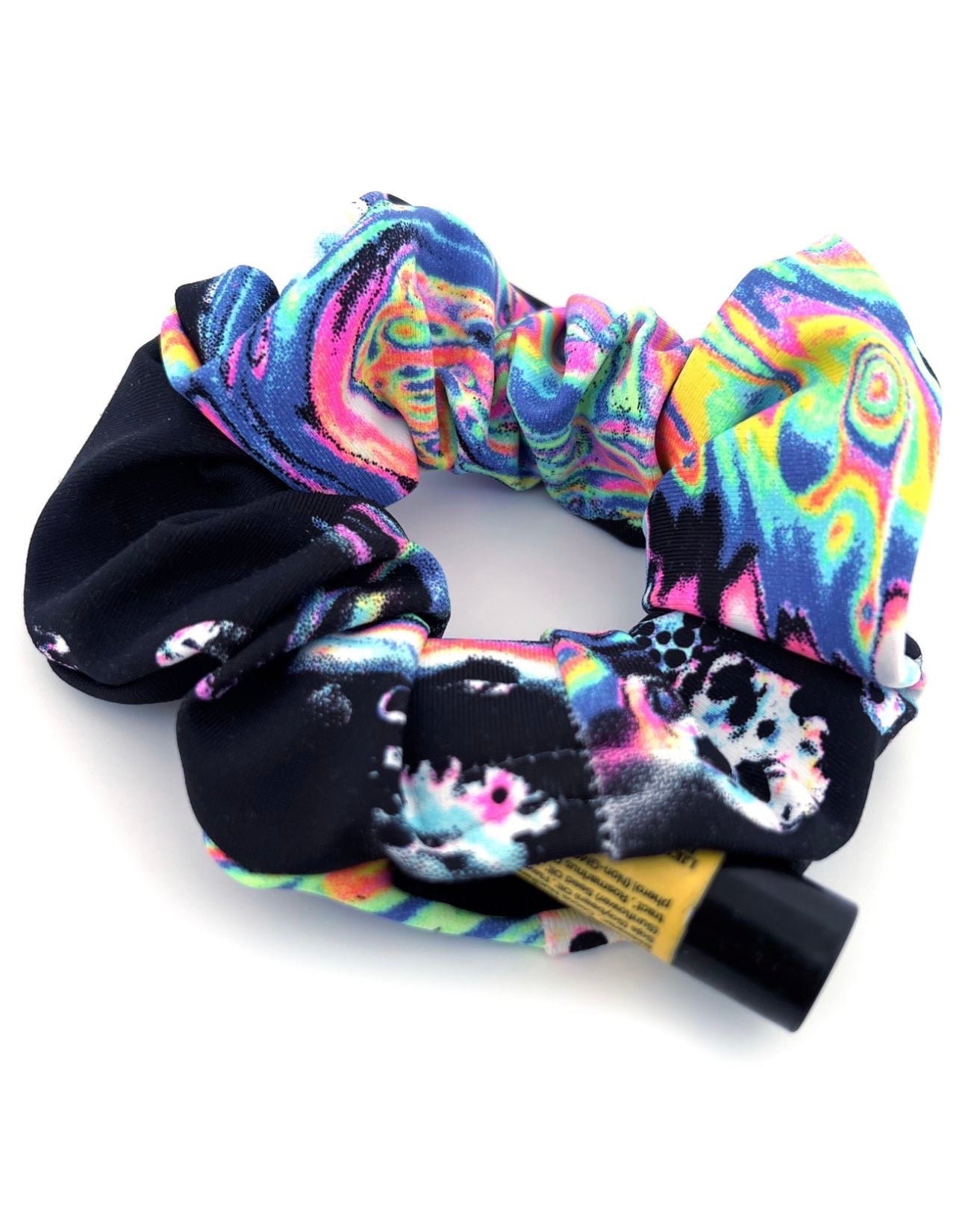 Acid Trip Scrunchie with stash pocket opened with chap stick and essentials.