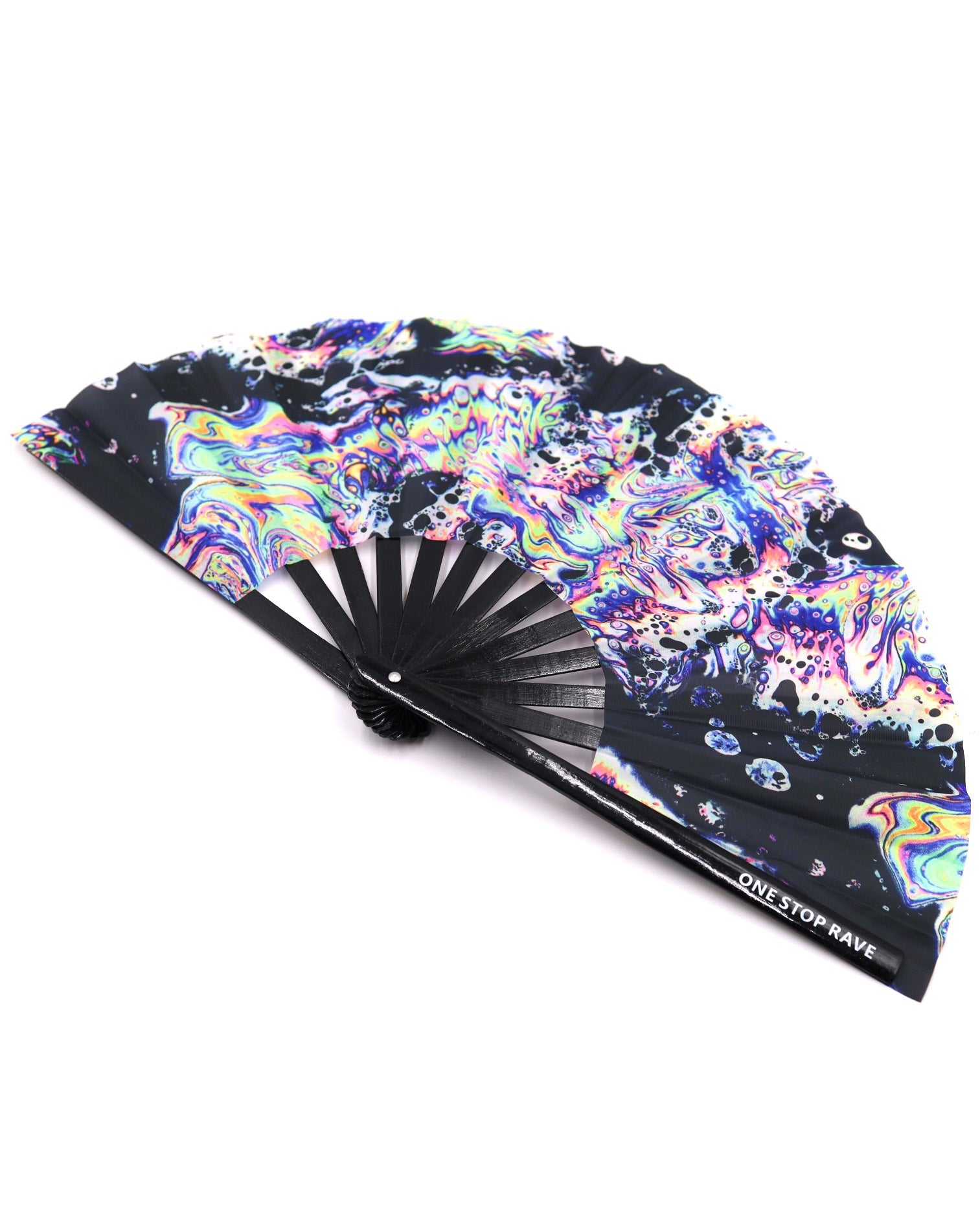 Acid Trip hand fan angled view oil spill colors.
