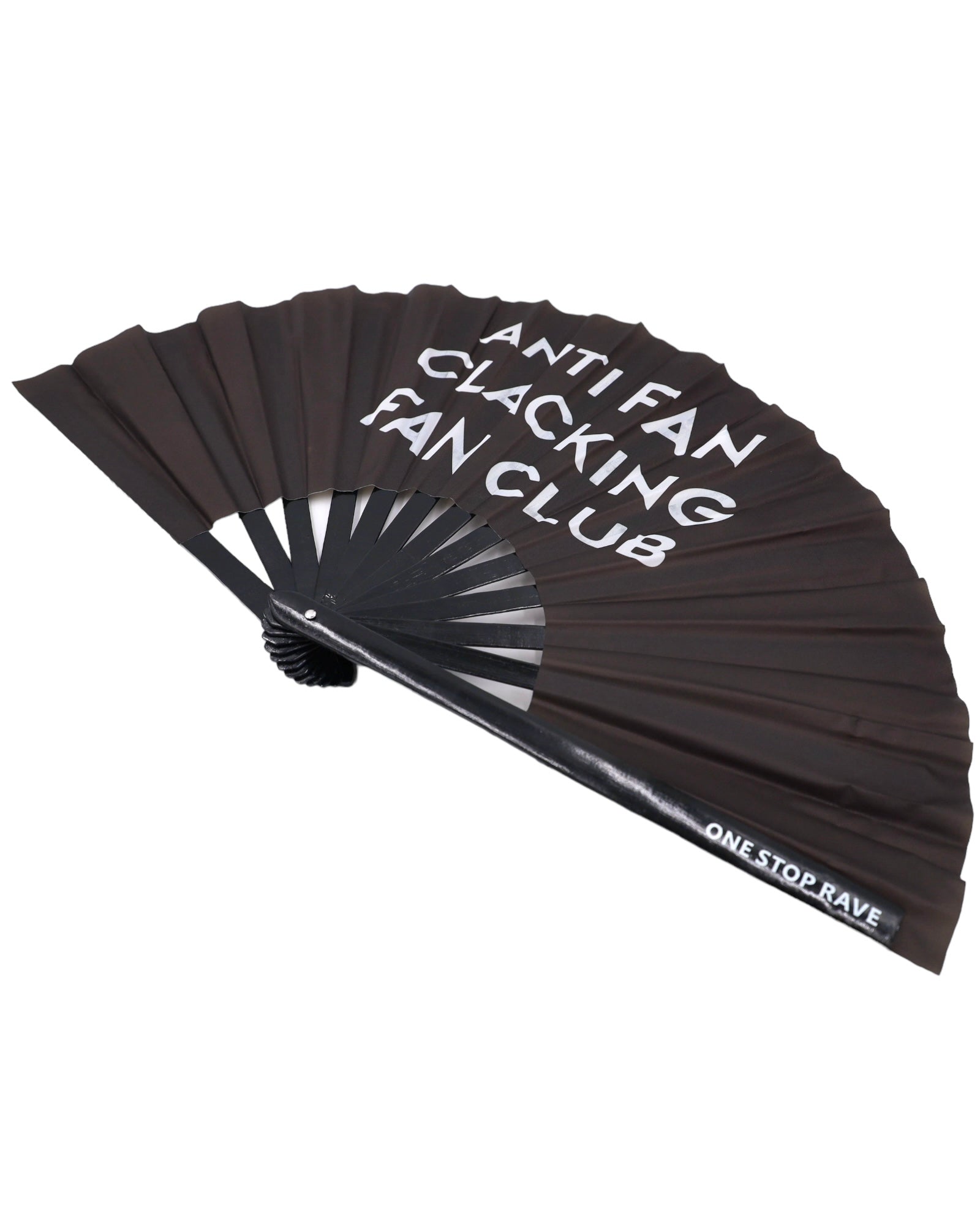 Anti Fan Clacking Fan Club hand fan angled view black white