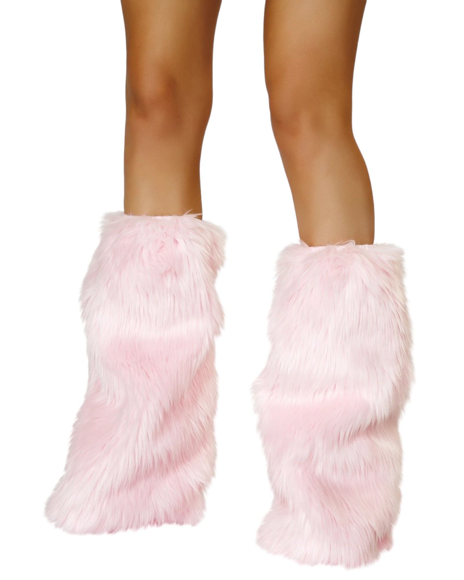 Model wearing baby pink faux fur leg warmers covering the lower legs and feet, shown against a white background.
