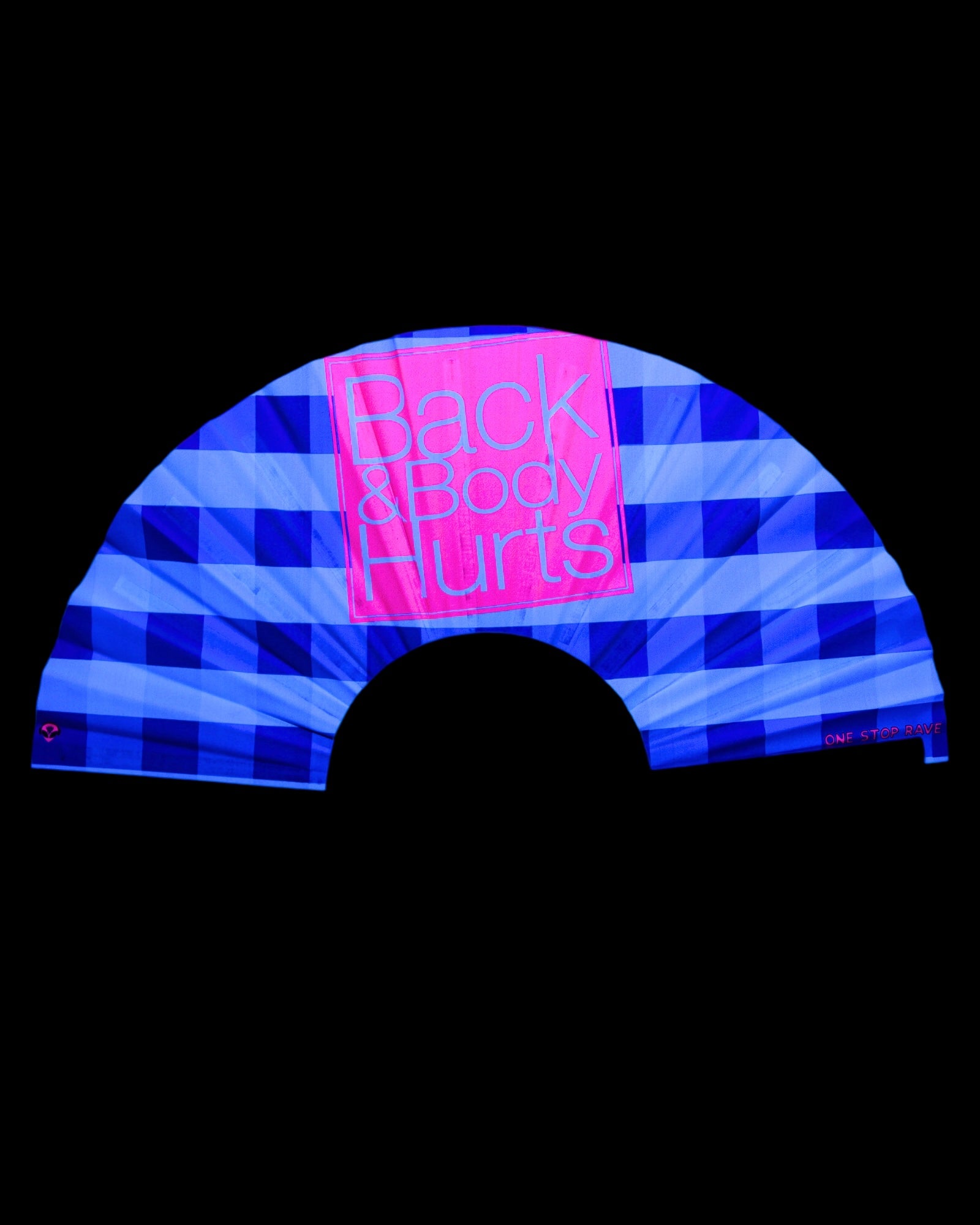 Back and Body Hurts rave fan glowing under blacklight