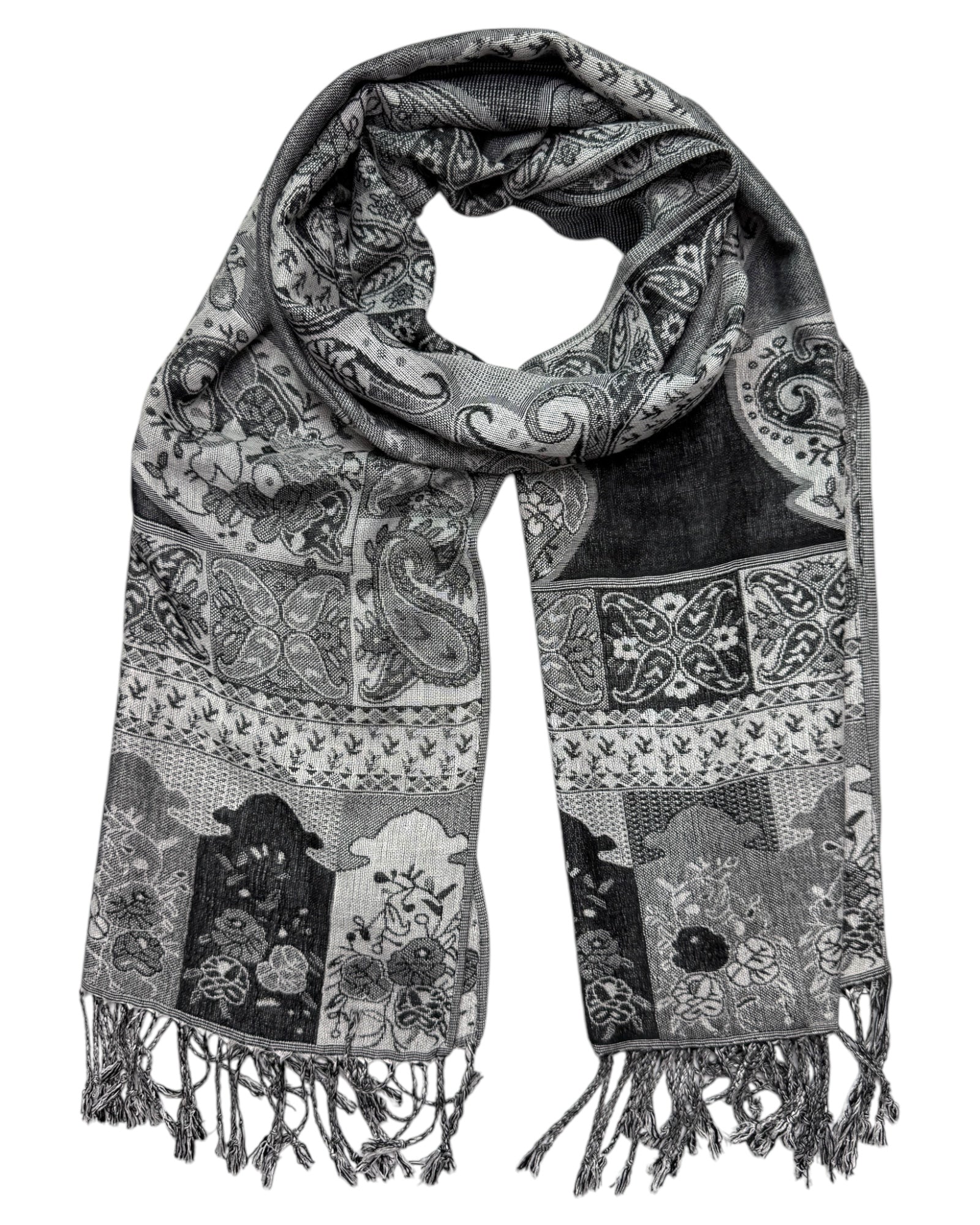 A black and gray reversible pashmina scarf with a mushroom pattern, fringes on the ends, and a silky, wrinkle-free finish.