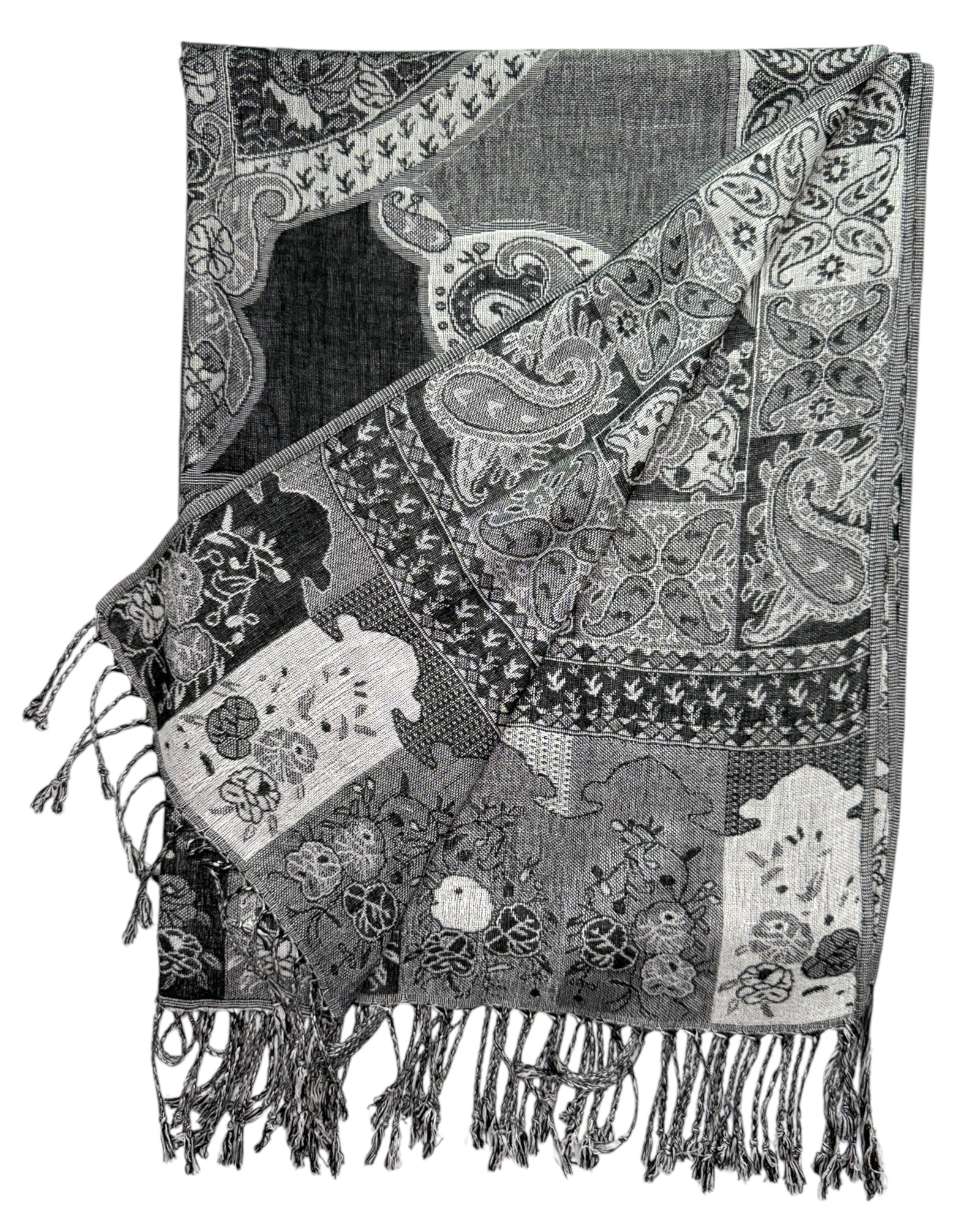 A black and gray reversible pashmina scarf with a mushroom pattern, fringes on the ends, and a silky, wrinkle-free finish.