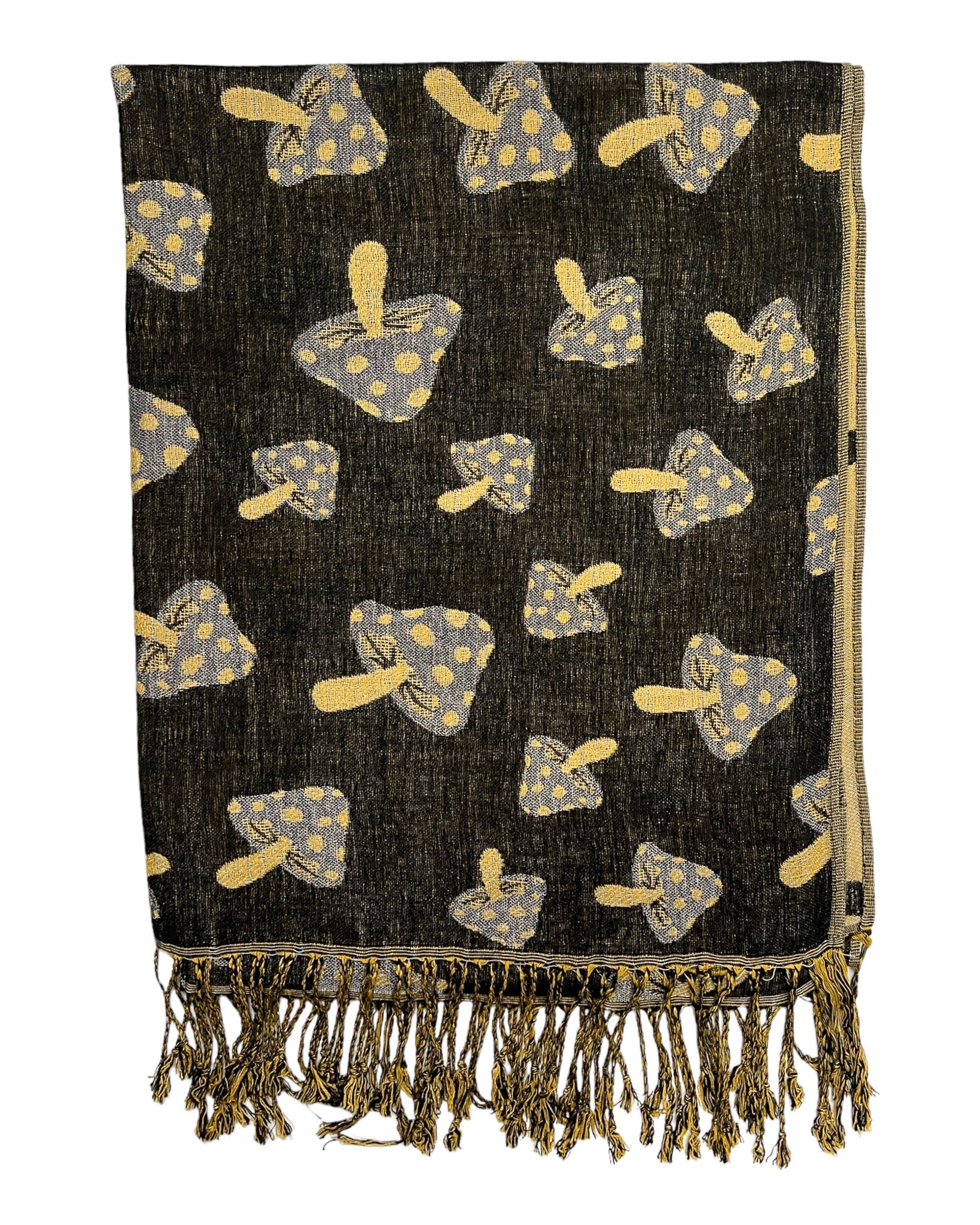 A black and tan reversible pashmina with a mushroom pattern, fringes on the ends, and a silky, wrinkle-free finish.