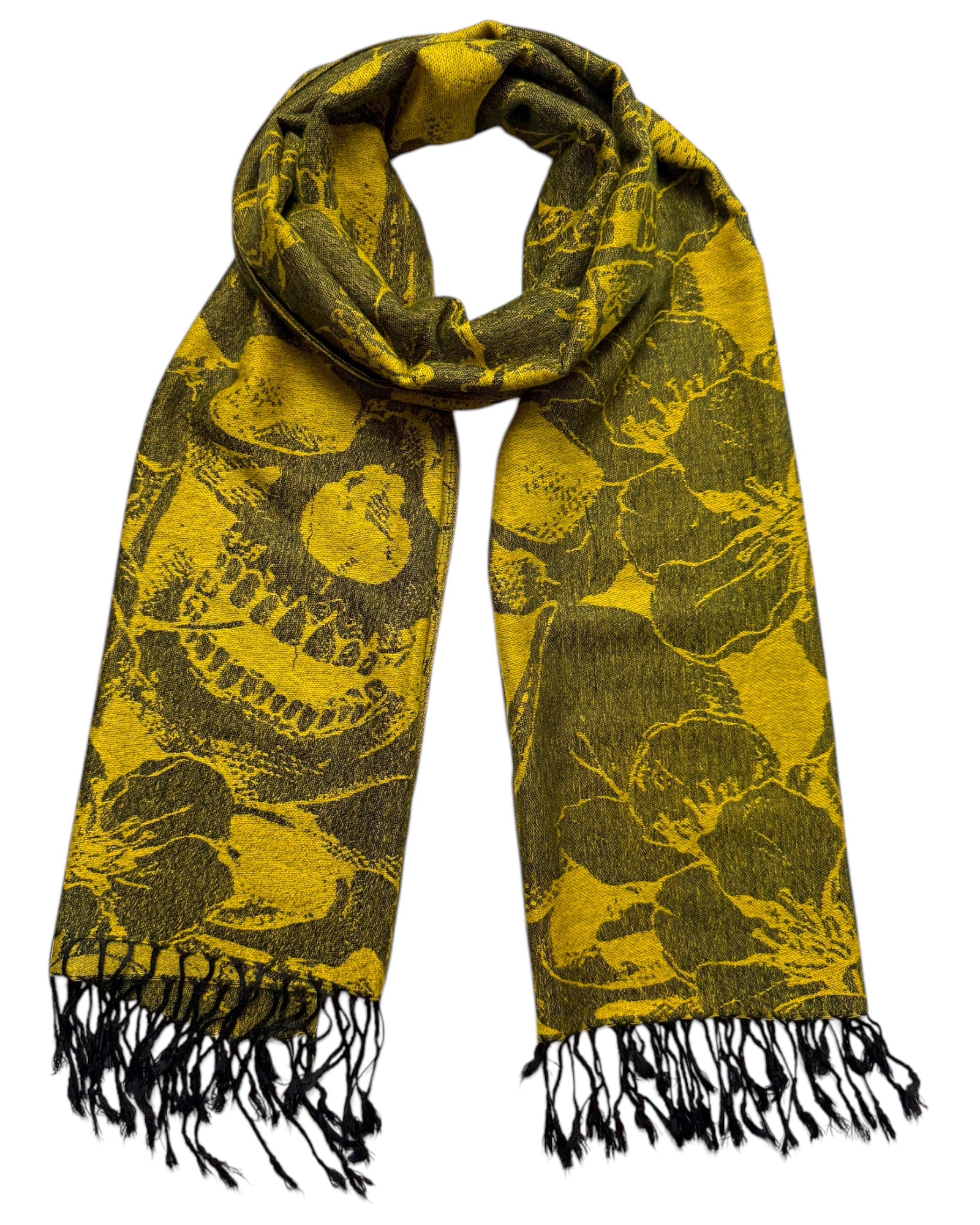 Yellow and black skull patterned scarf with fringes on a white background
