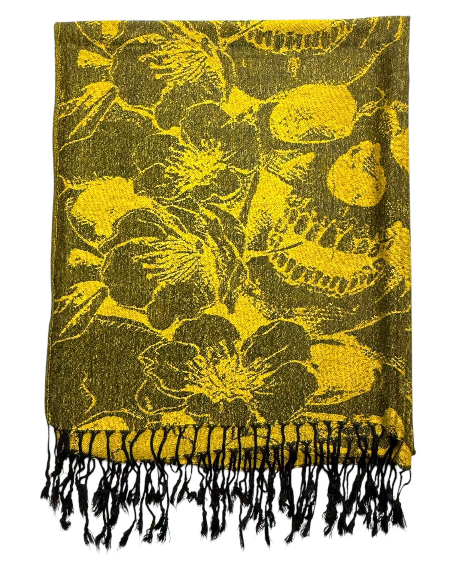 Skull and Floral patterned scarf with black fringes on a white background