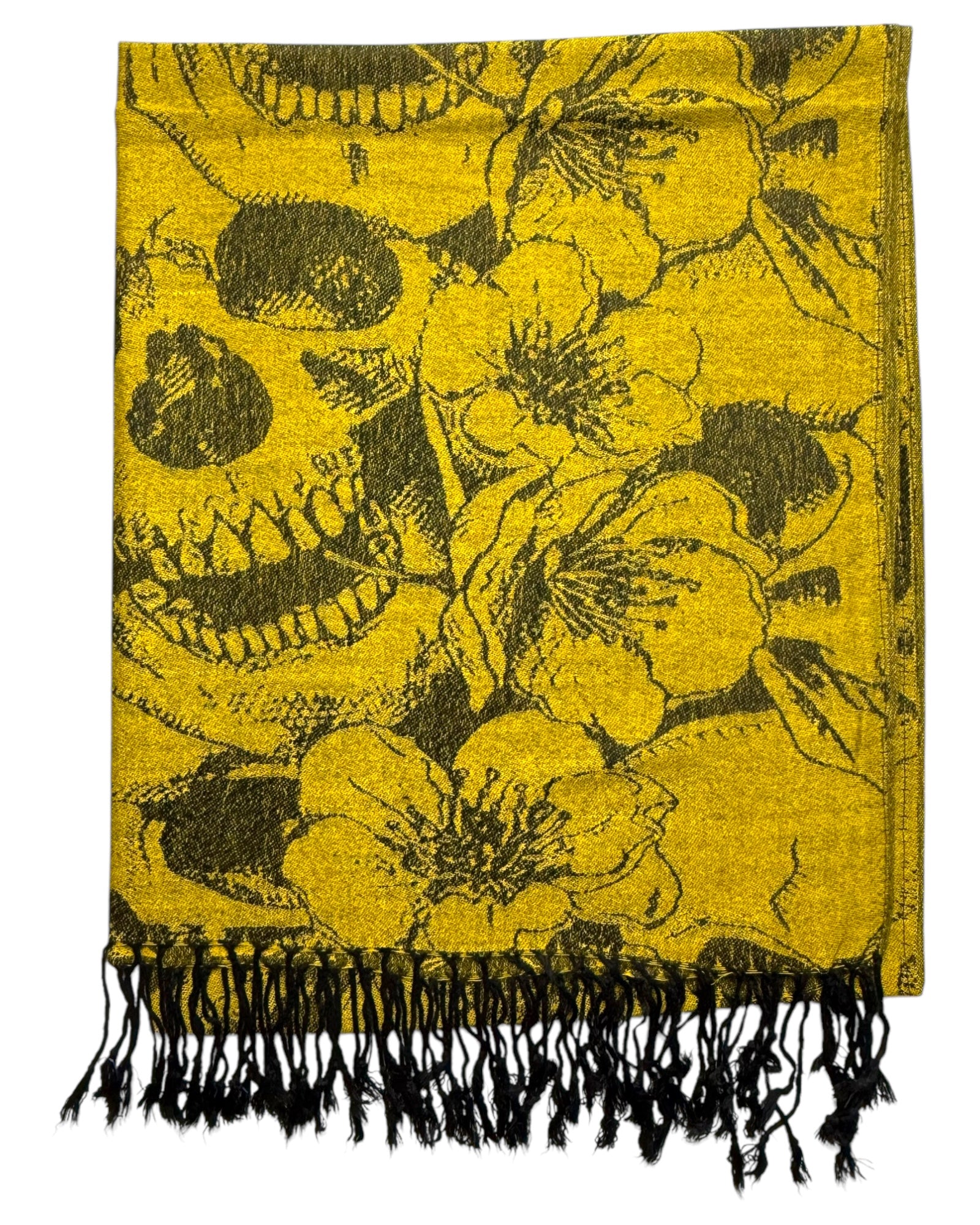 Scarf with black skull and floral patterns on a yellow background