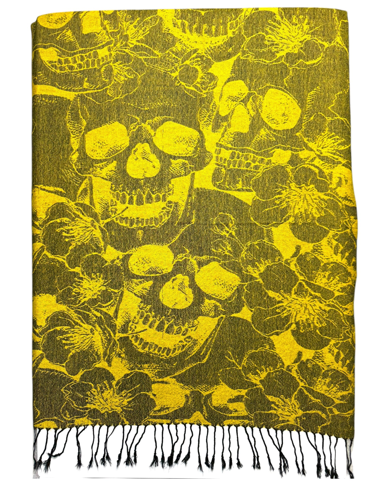Scarf with skull and floral pattern on a yellow background