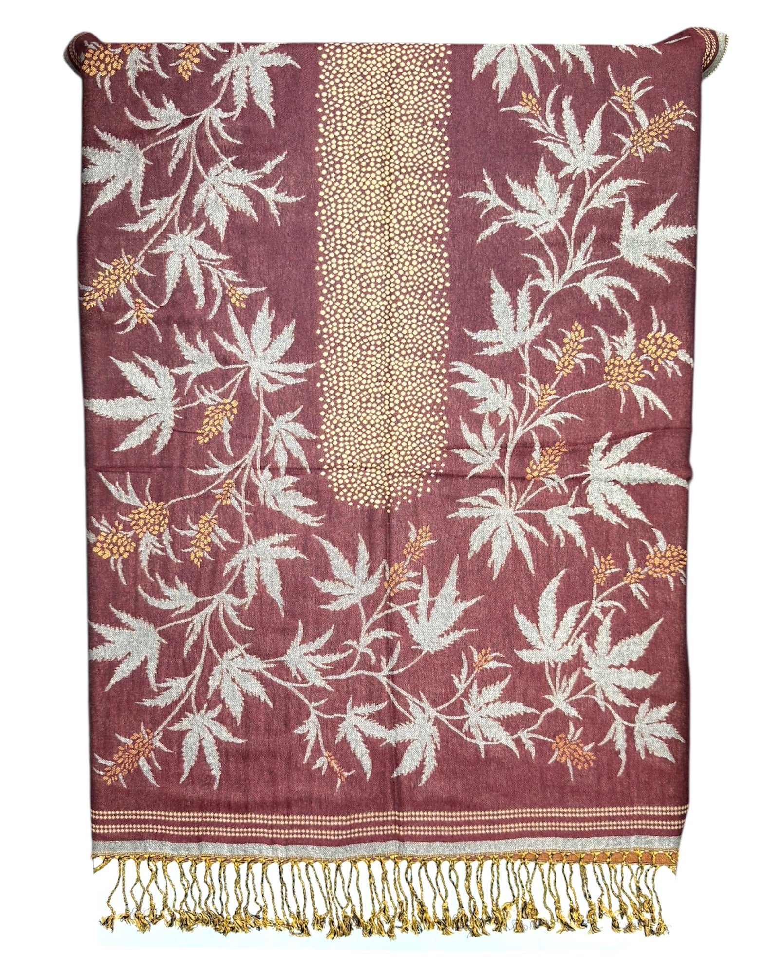 Scarf with leaf pattern and gold fringe on a white background