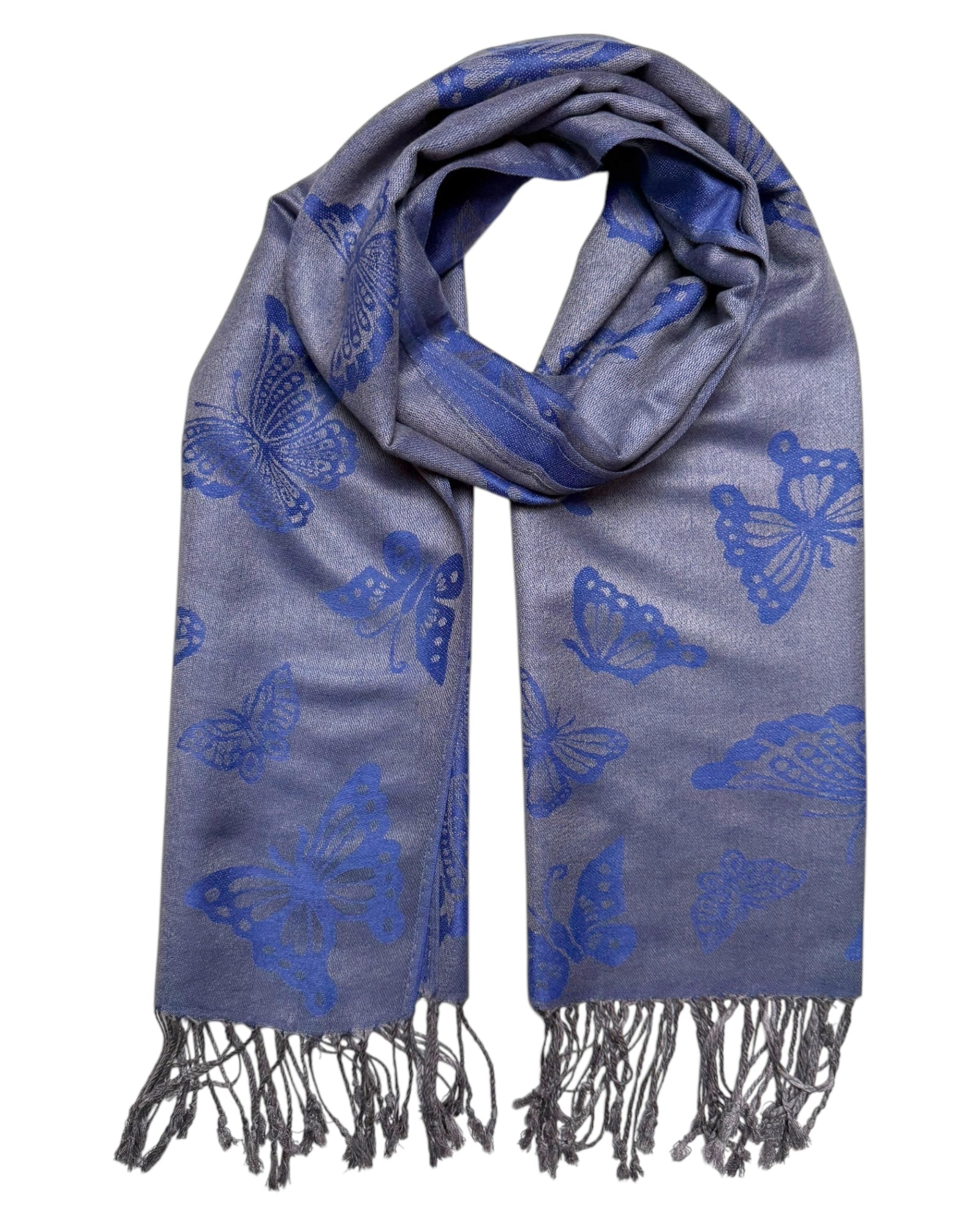 A blue and silver pashmina scarf with a butterfly design, fringed ends, and a reversible pattern.