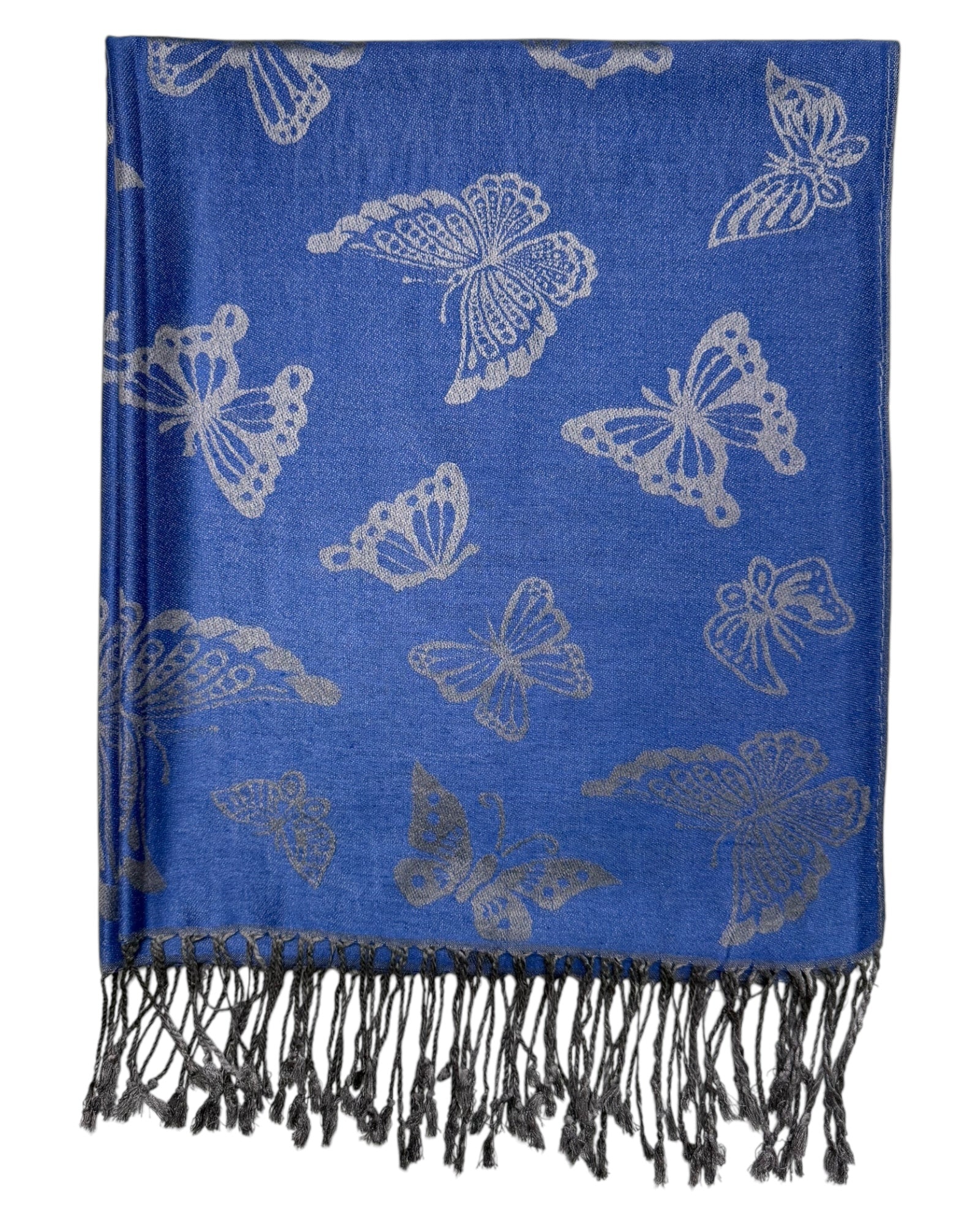 A blue and silver pashmina scarf with a butterfly design, fringed ends, and a reversible pattern.