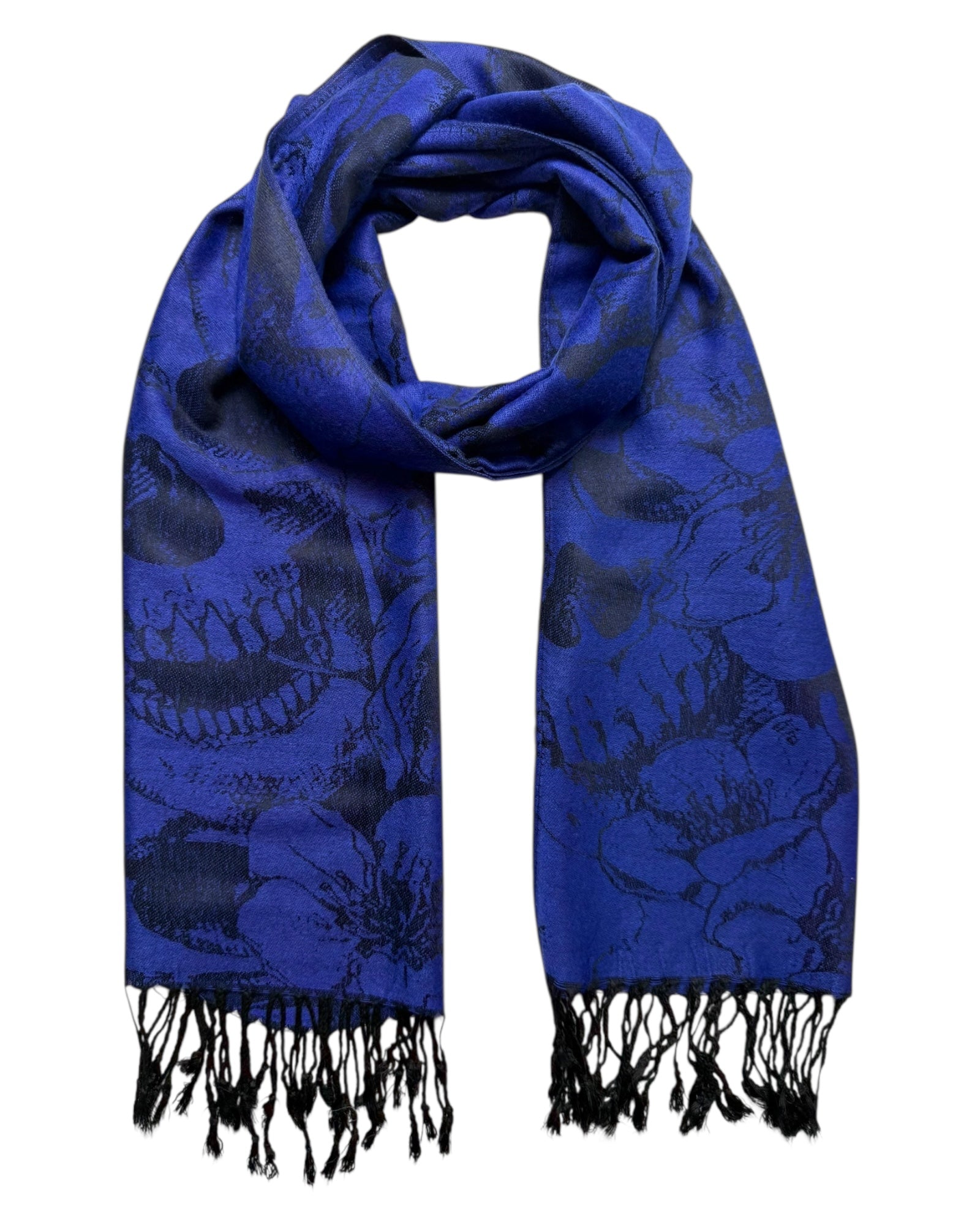 Blue scarf with black skull pattern and fringes on a white background