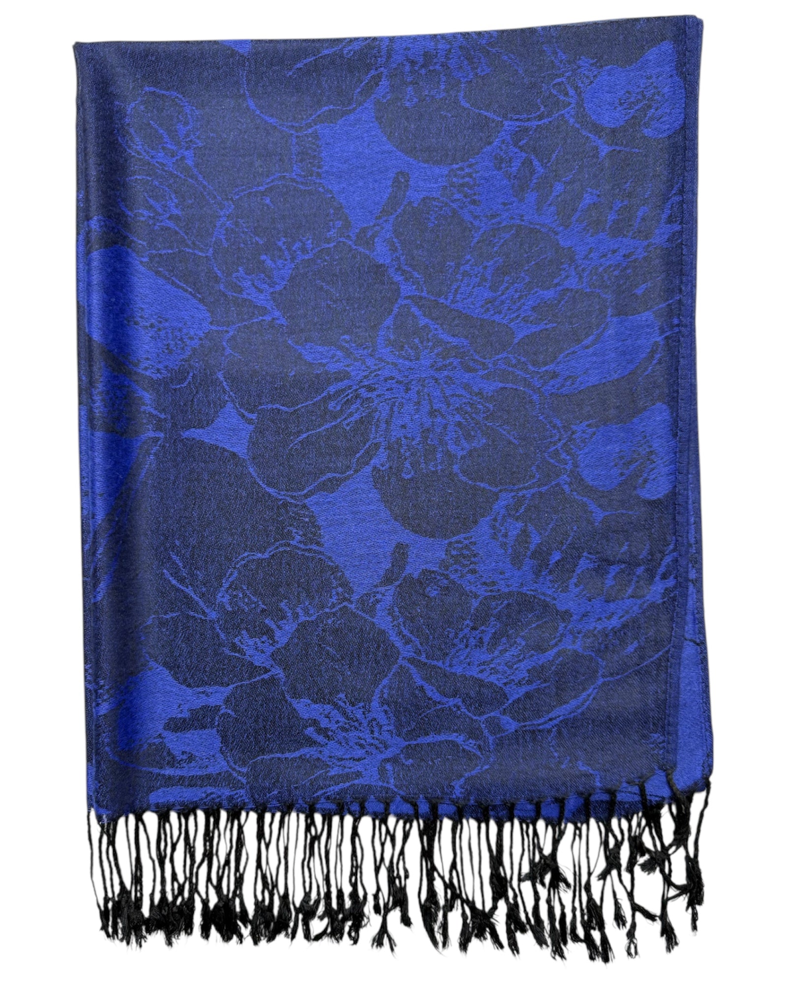 Blue skull patterned scarf with black fringe on a white background