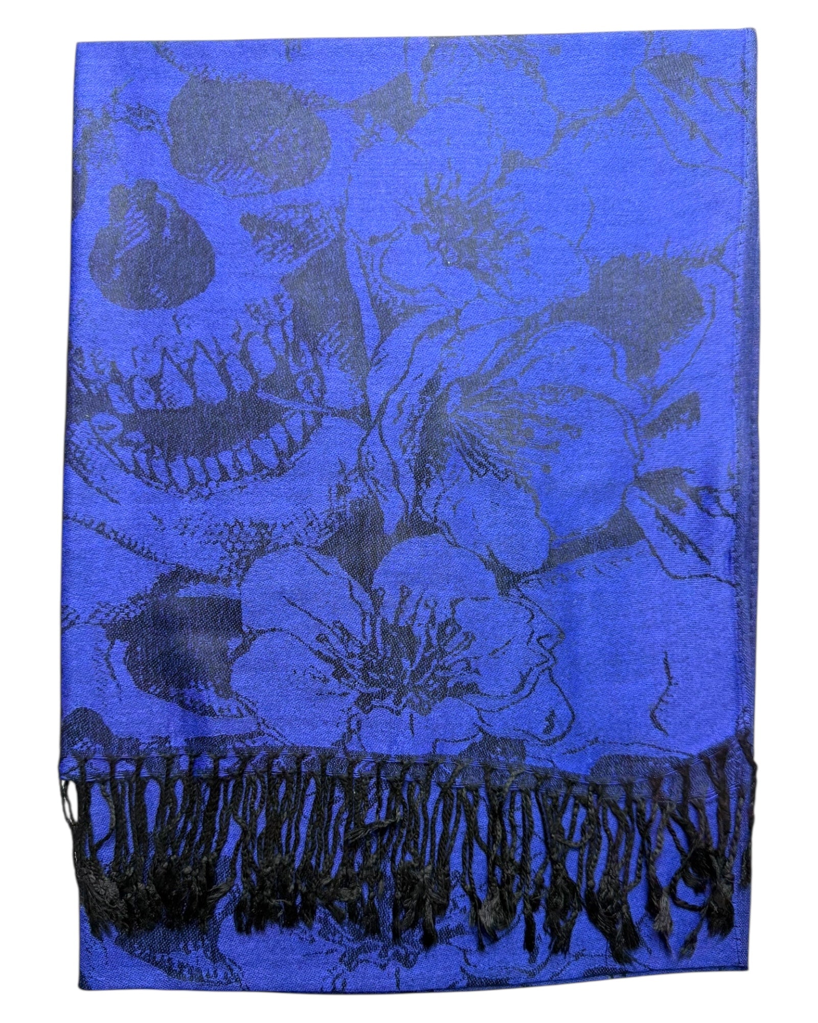 Blue scarf with black skull patterns folded