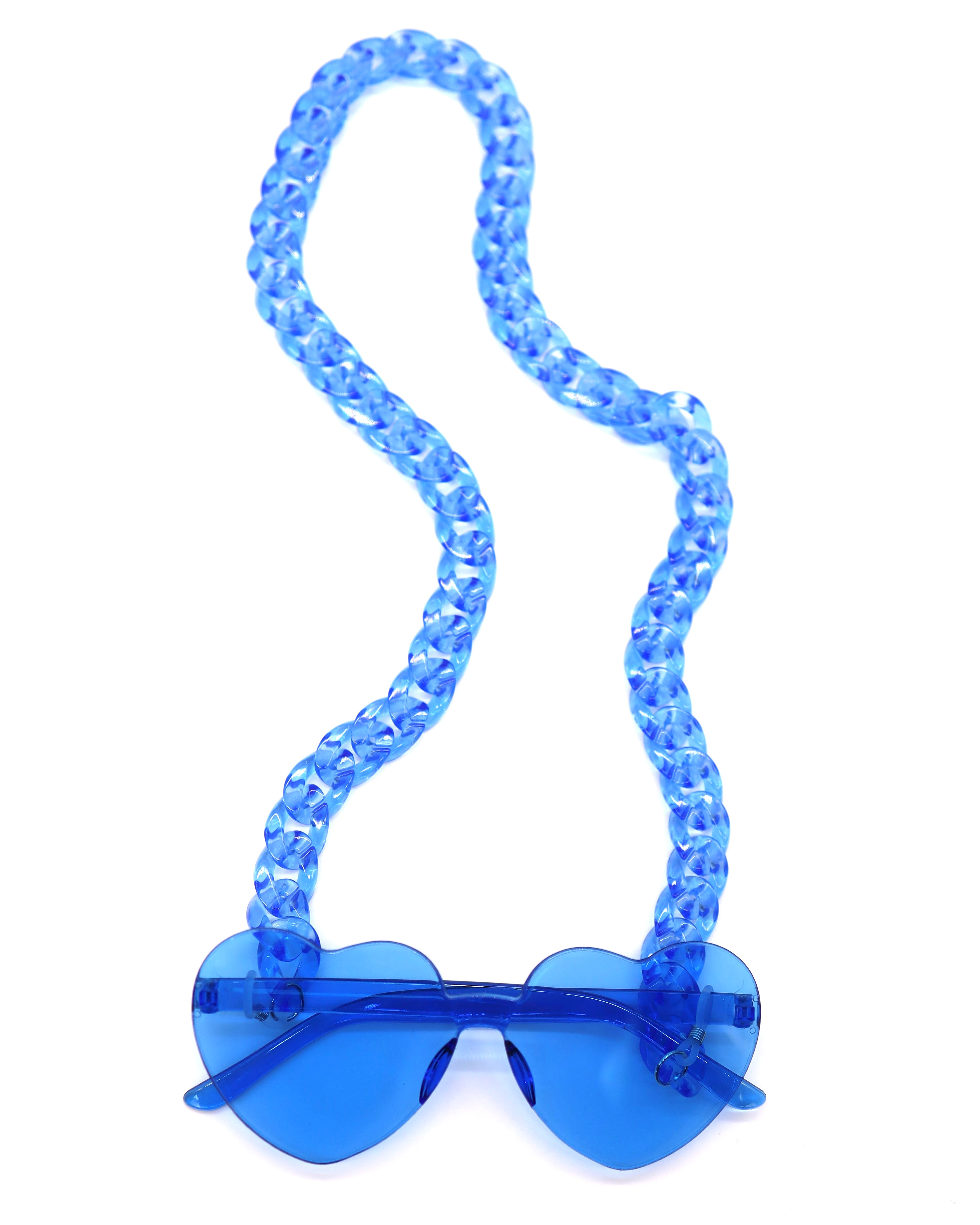 Blue heart sunglasses with matching blue removable acrylic chain