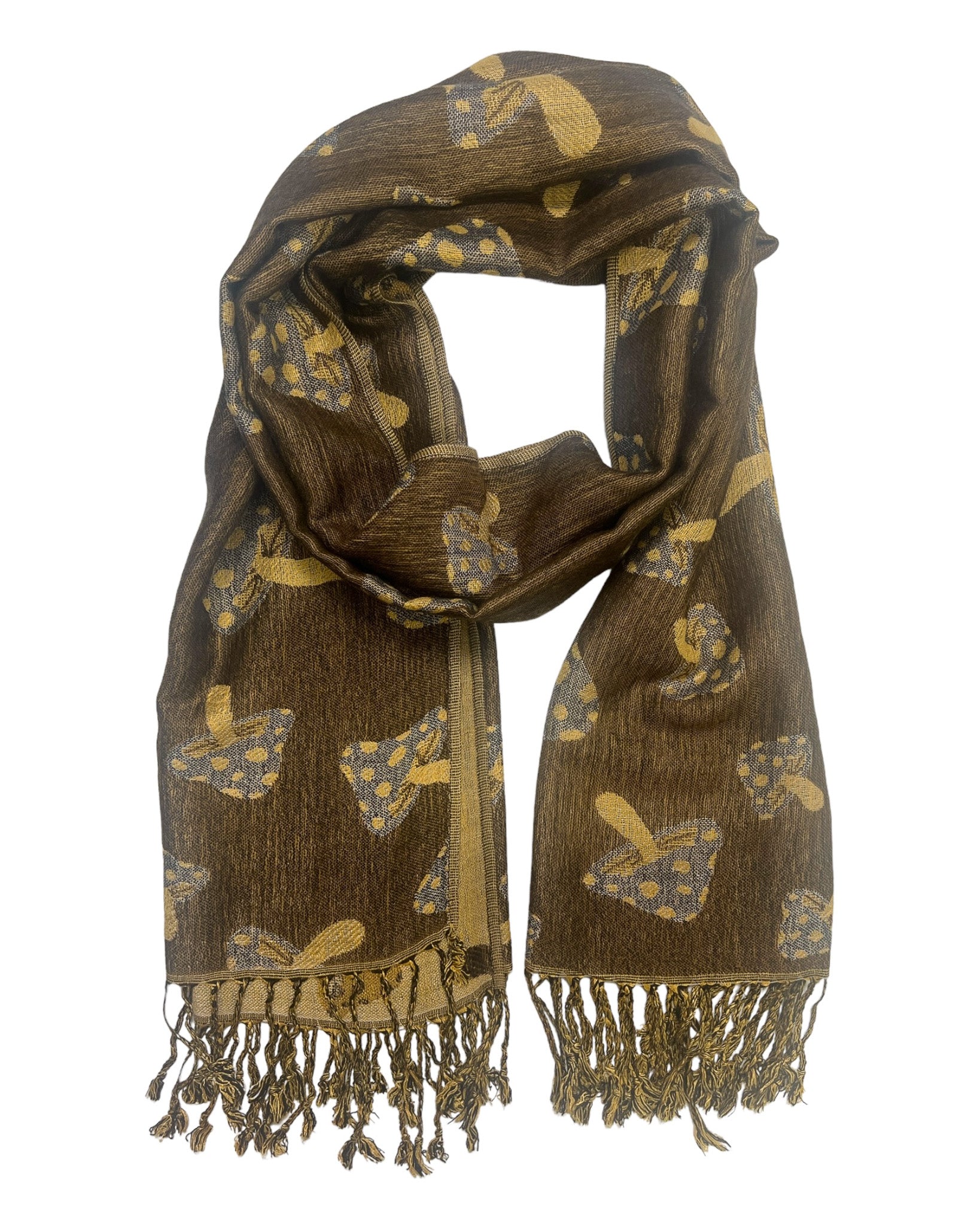A brown pashmina scarf with a mushroom pattern, draped elegantly with fringes on a white background.