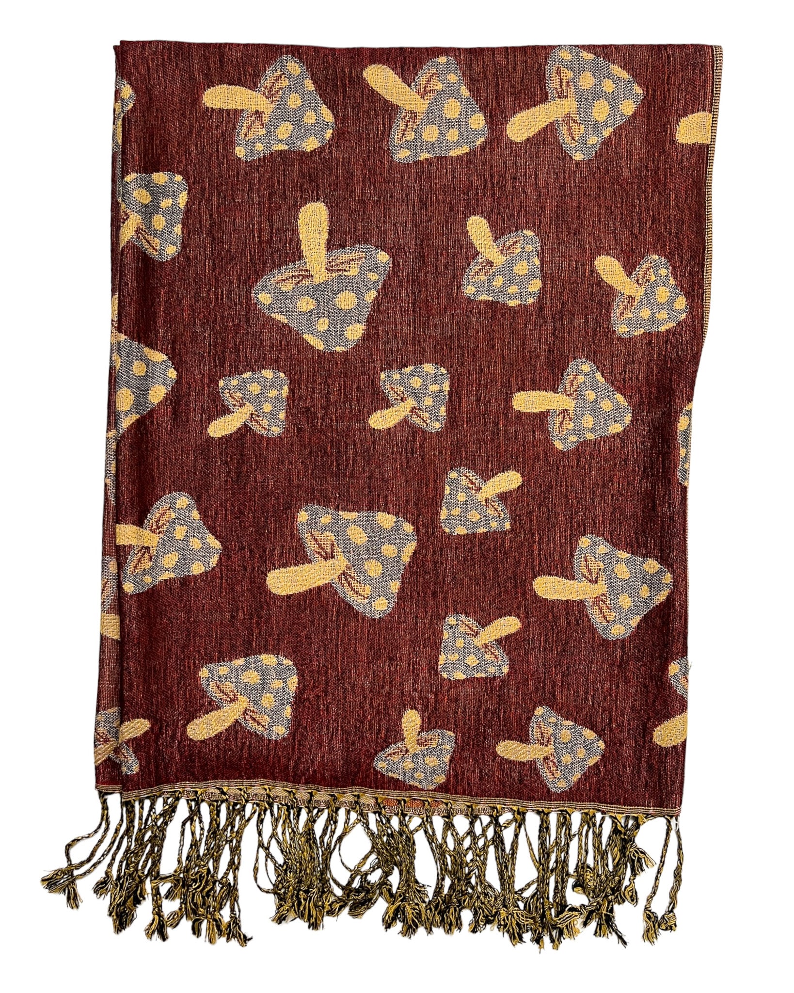 A burgundy and tan reversible pashmina with a mushroom pattern, fringes on the ends, and a silky texture.