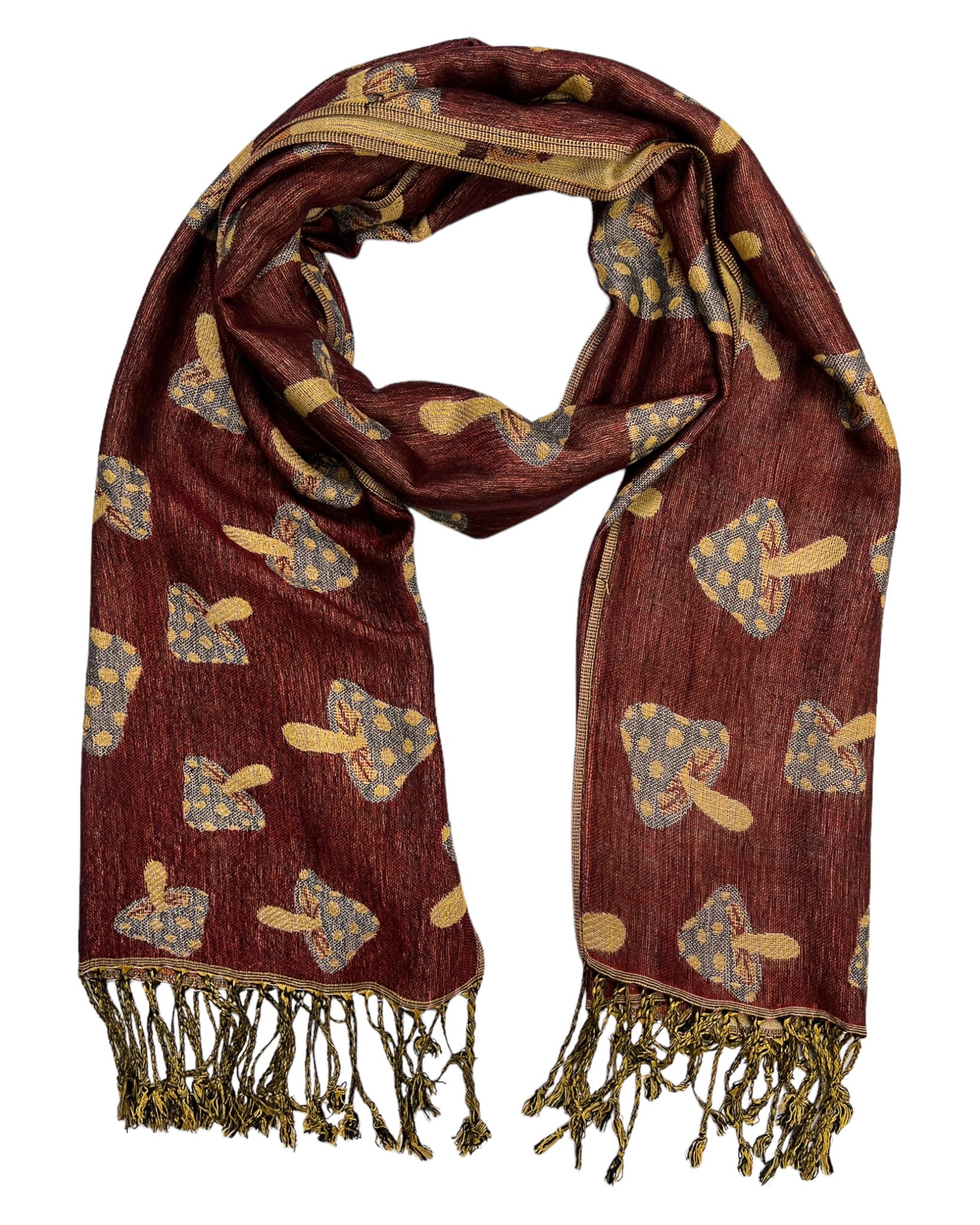 A burgundy and tan reversible pashmina with a mushroom pattern, fringes on the ends, and a silky texture.