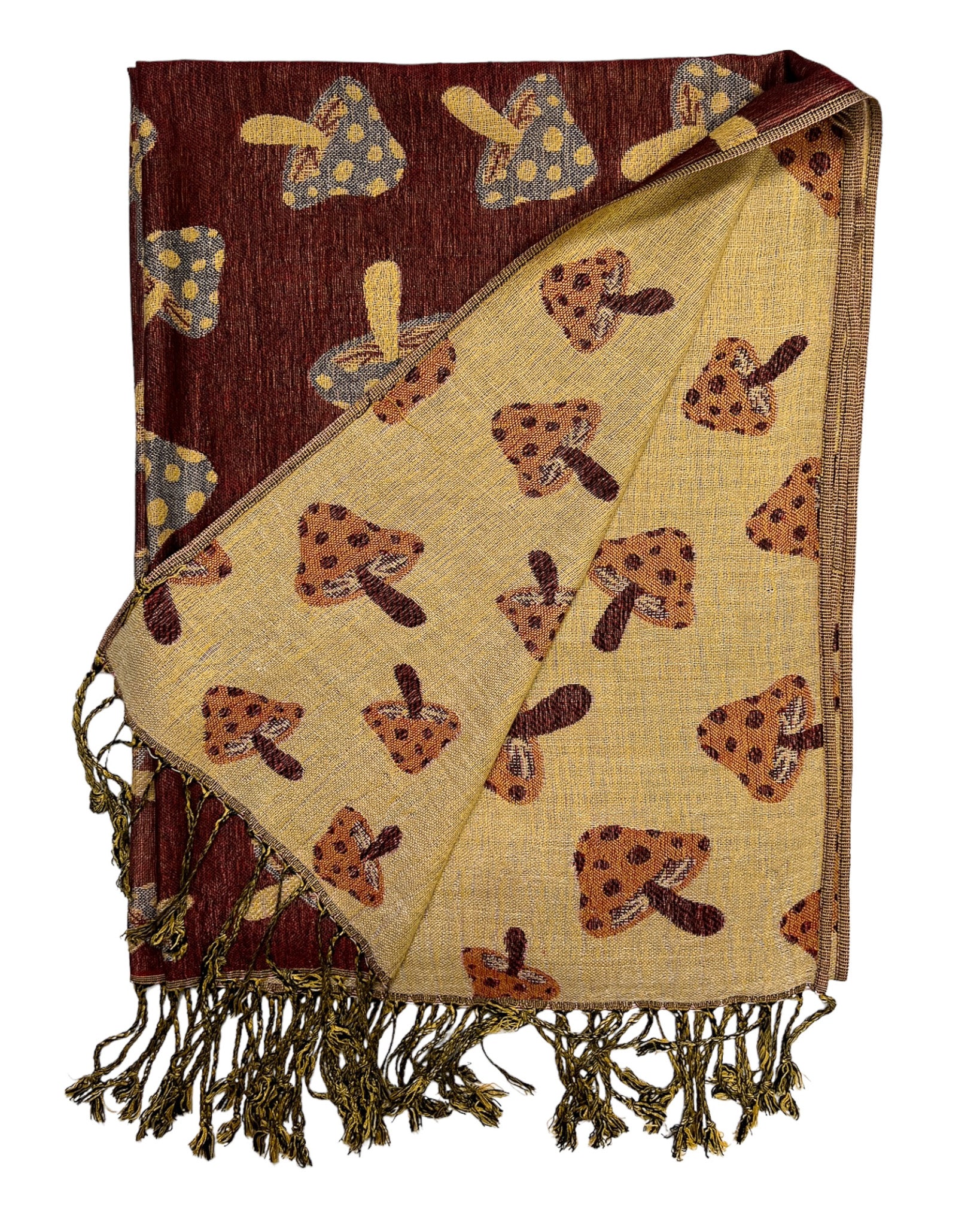 A burgundy and tan reversible pashmina with a mushroom pattern, fringes on the ends, and a silky texture.