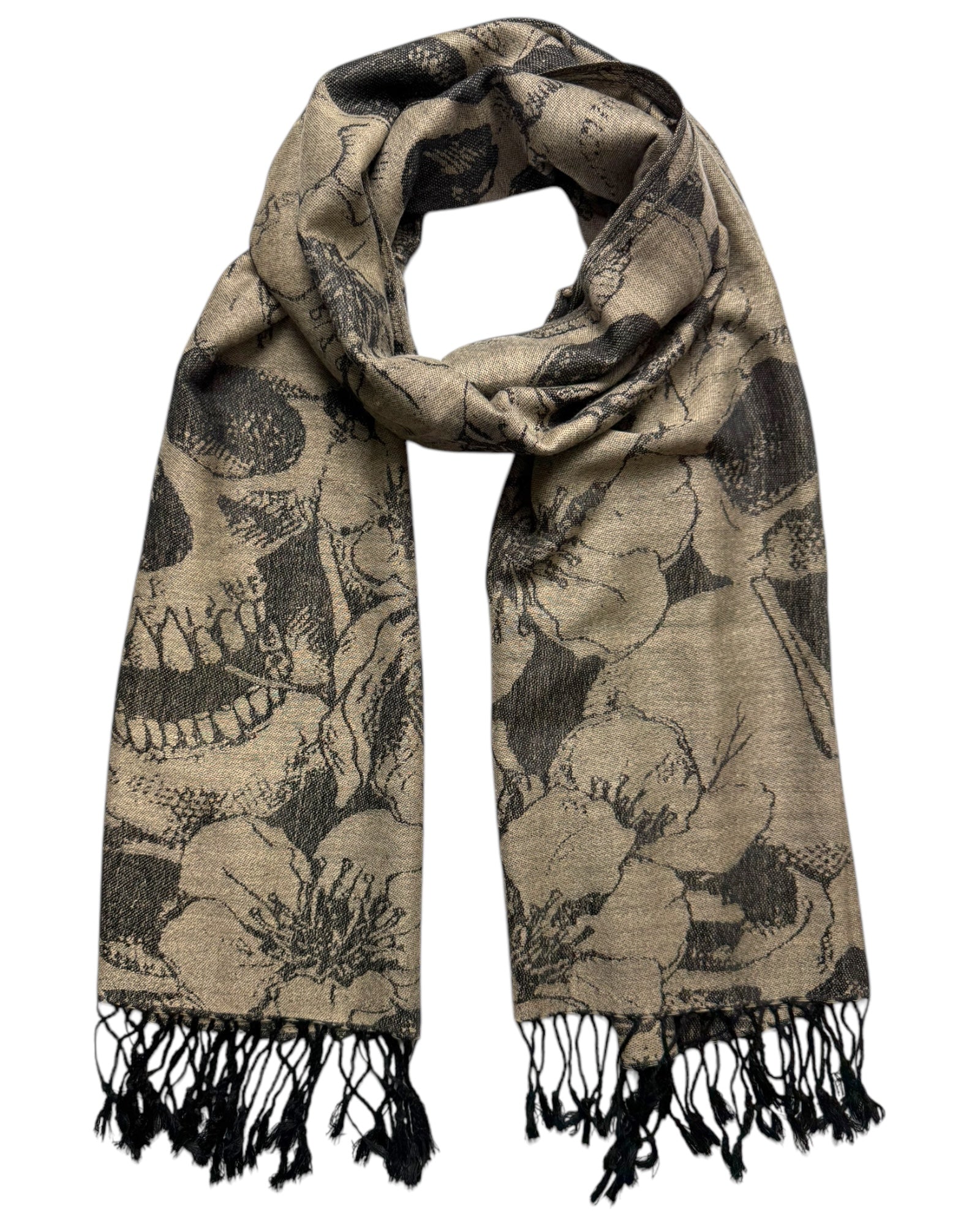 Beige Scarf with skull and floral pattern on a beige background