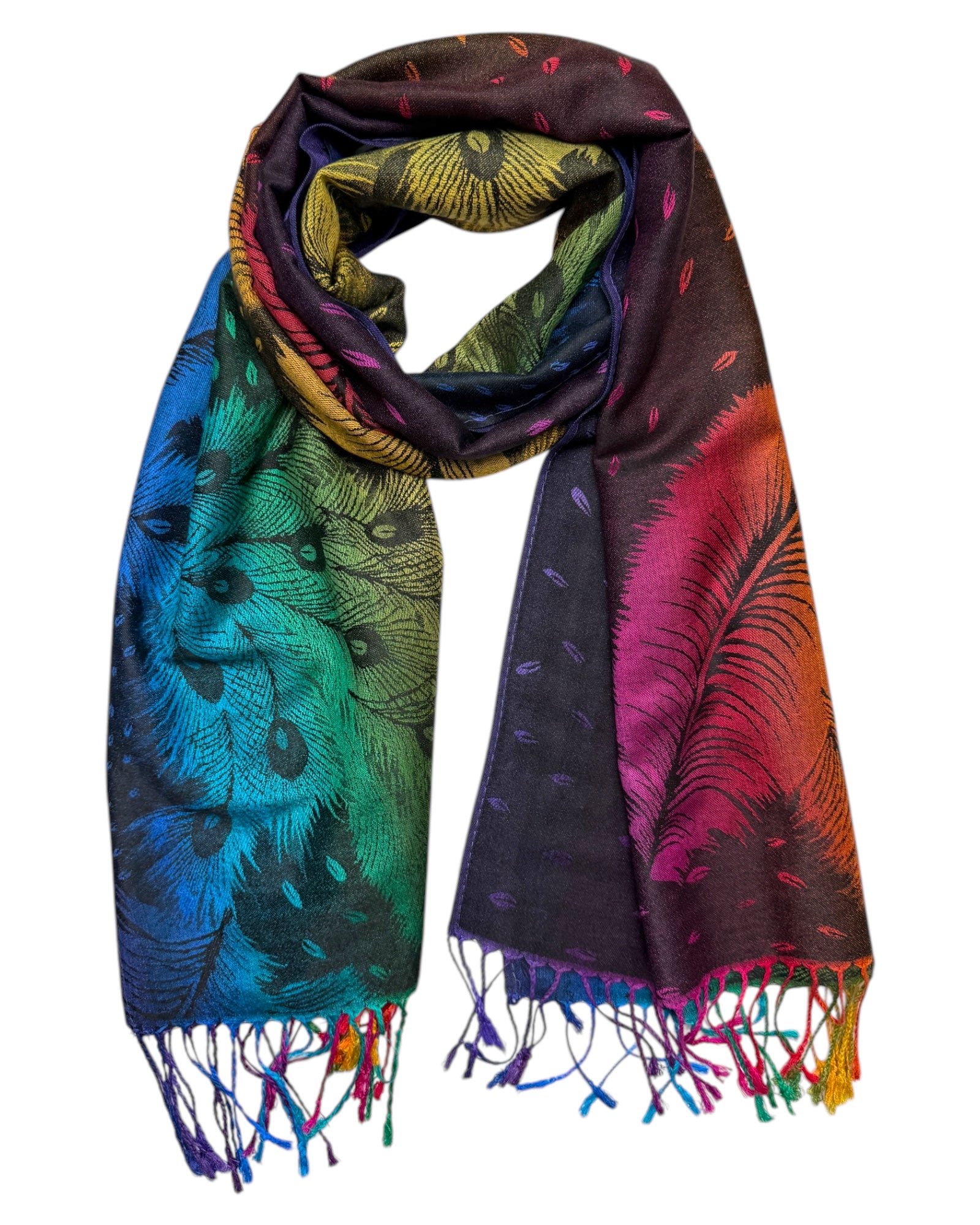 A colorful feather reversible rave pashmina with a vibrant and eye-catching design, featuring a spectrum of deep blues, greens, purples, and fiery reds, with fringes on each side.