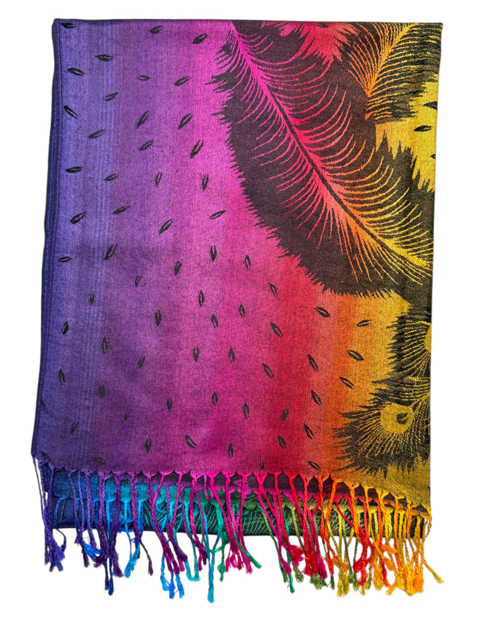 A colorful feather reversible rave pashmina with a vibrant and eye-catching design, featuring a spectrum of deep blues, greens, purples, and fiery reds, with fringes on each side.