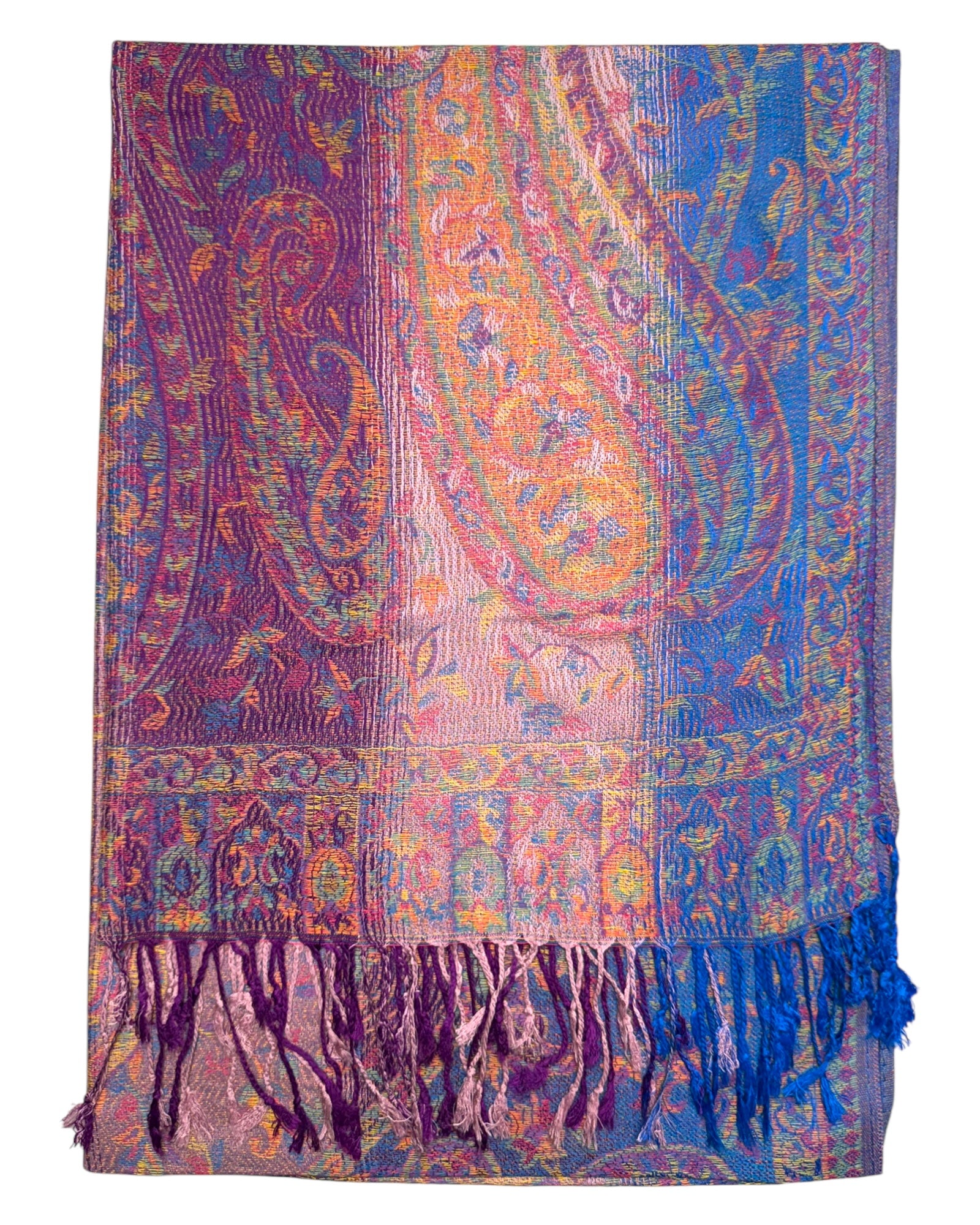 A vibrant pashmina scarf with a bold paisley pattern in shades of blue, purple, and pink, draped elegantly.