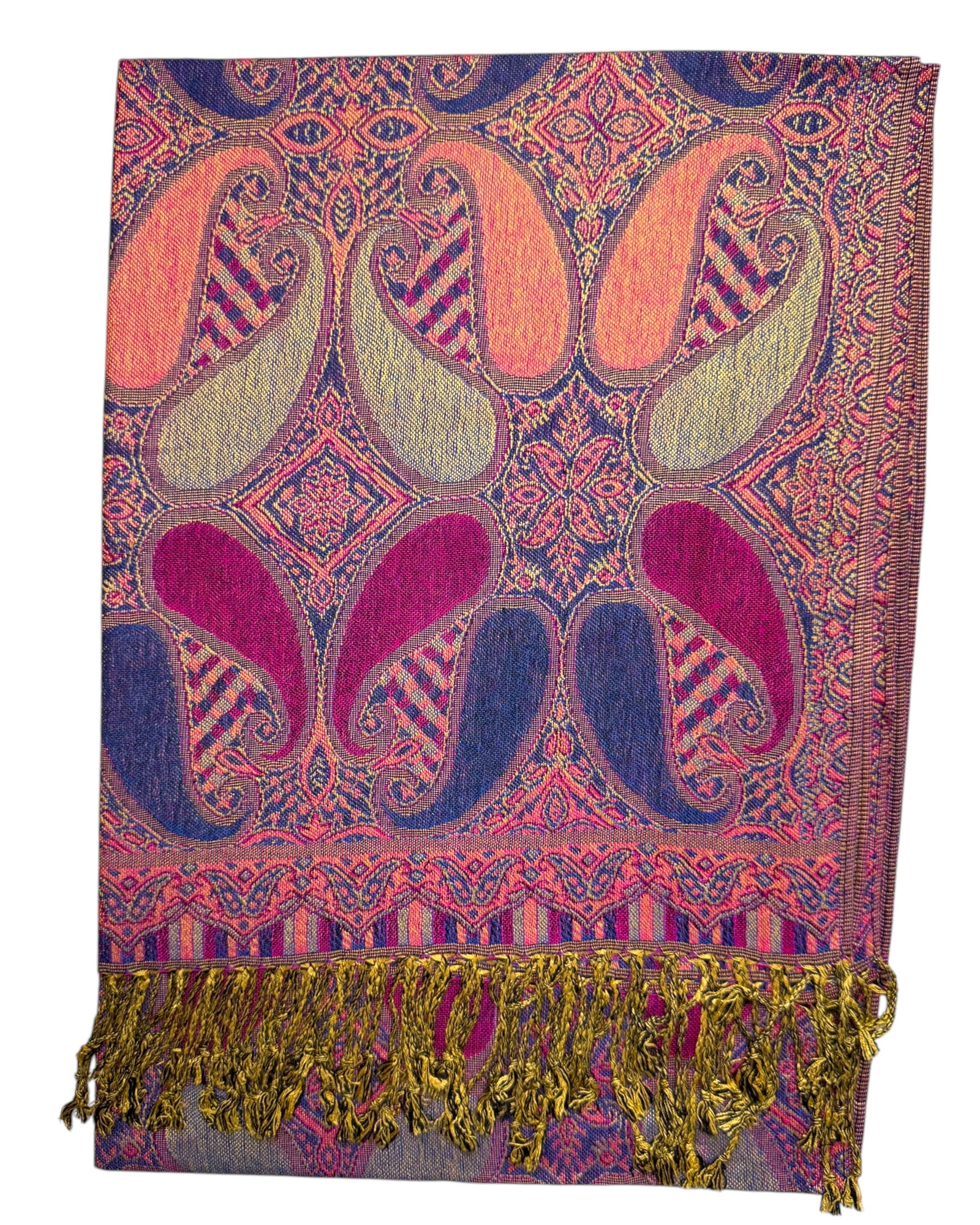 A vibrant pashmina scarf with a deep pink and blue paisley pattern, fringed ends, and a luxurious silky texture.