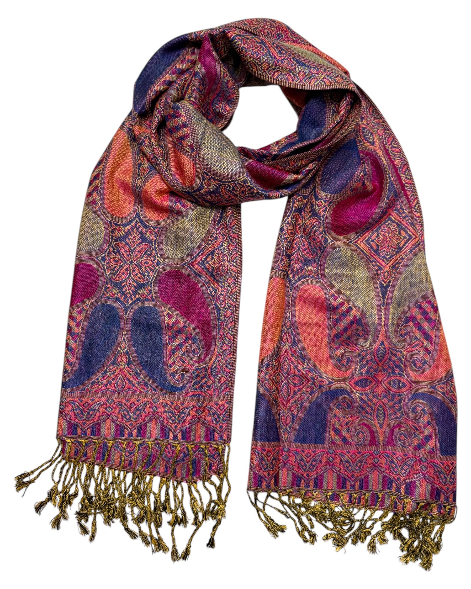 A vibrant pashmina scarf with a deep pink and blue paisley pattern, fringed ends, and a luxurious silky texture.