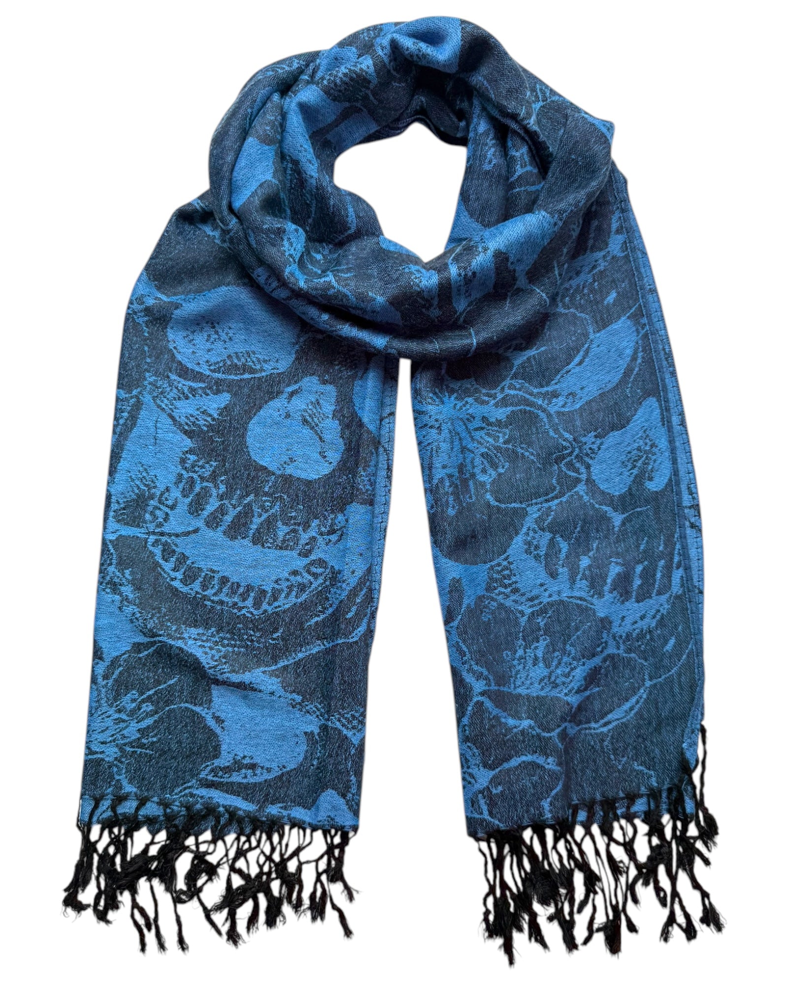 Blue skull patterned scarf with black tassels on a white background