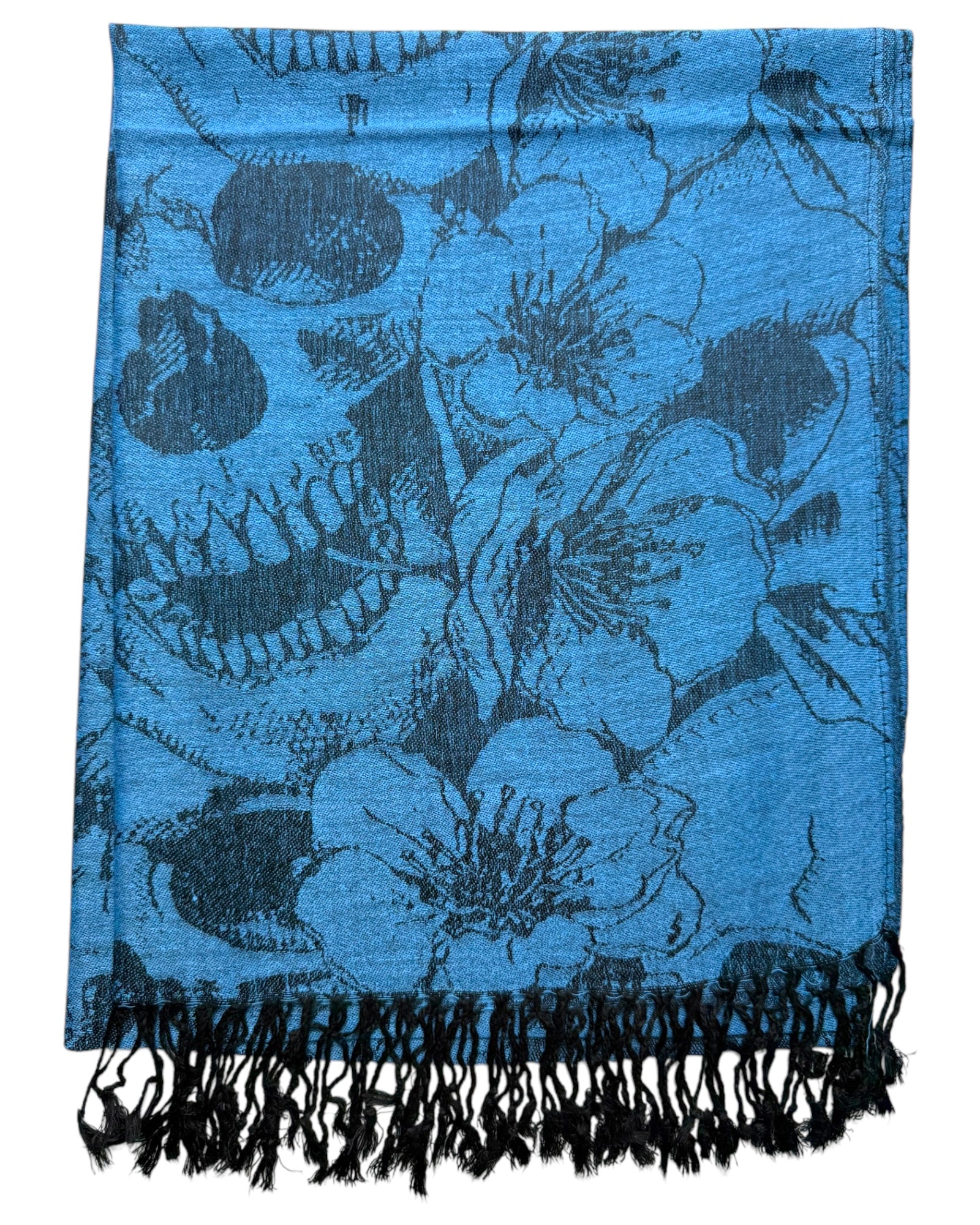 Blue floral patterned scarf with black fringes on a white background