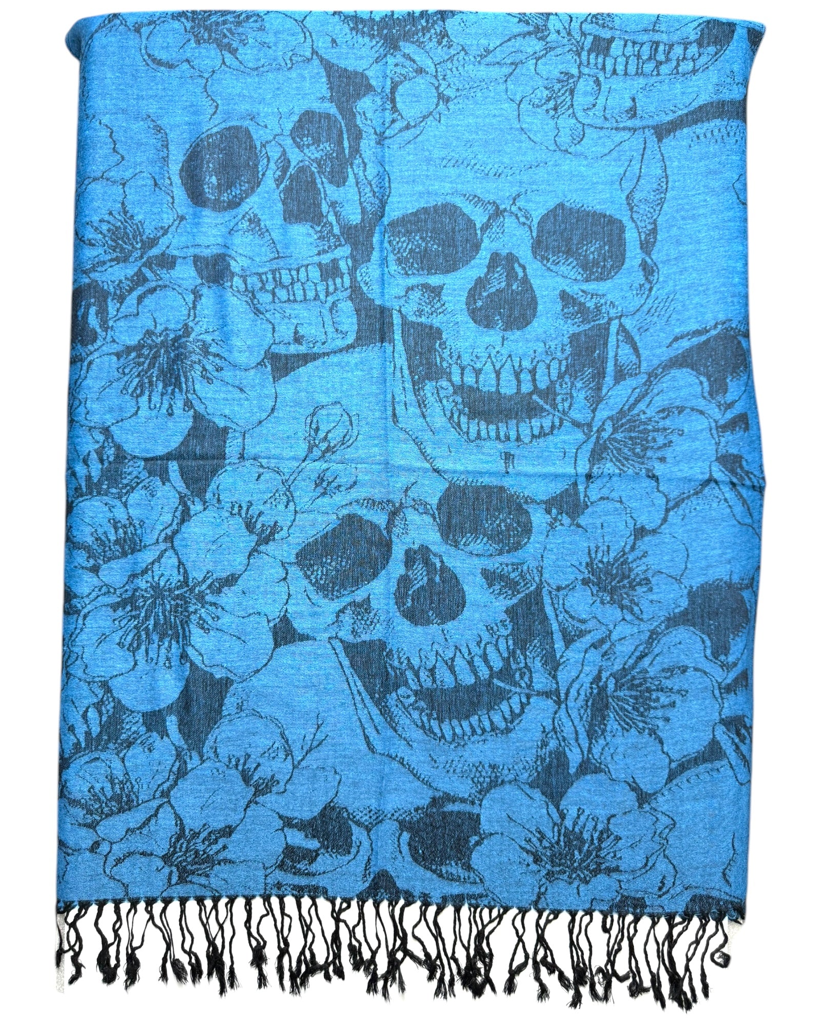 Blue scarf with black skull and floral patterns