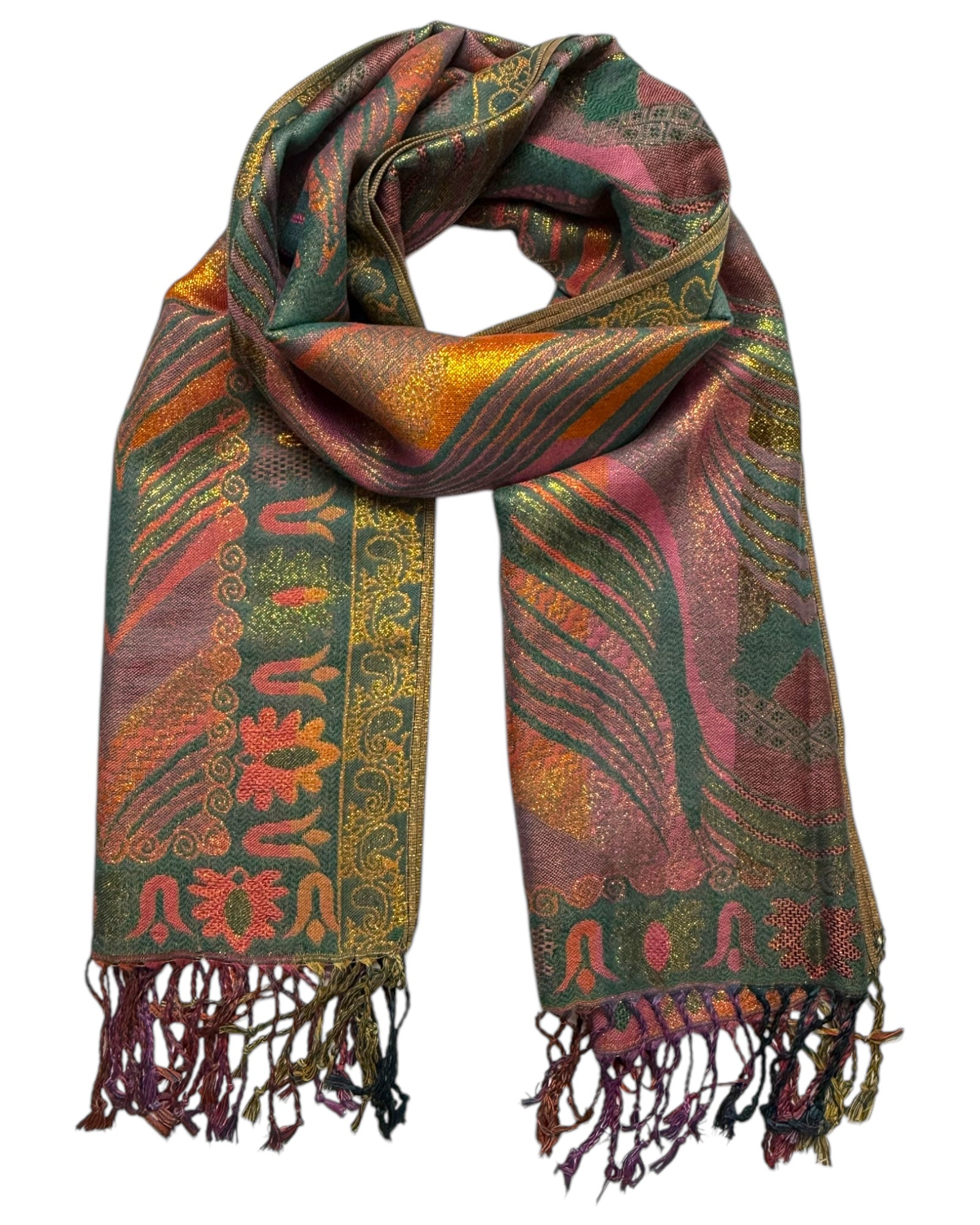 A reversible pashmina scarf with one side showcasing deep green and gold colors with floral and geometric patterns, and the reverse side glowing with golden hues.