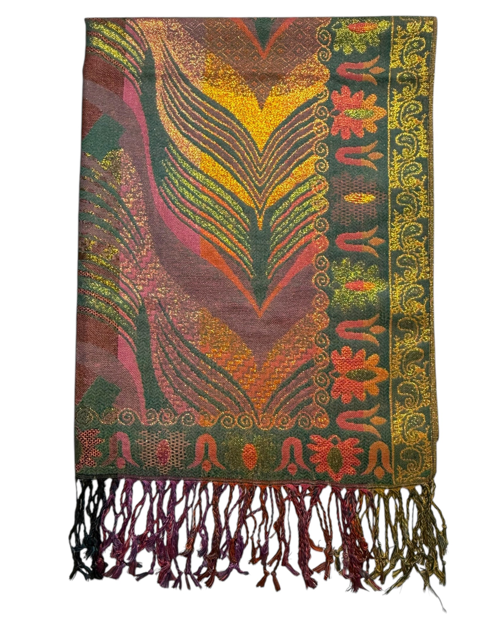 A reversible pashmina scarf with one side showcasing deep green and gold colors with floral and geometric patterns, and the reverse side glowing with golden hues.