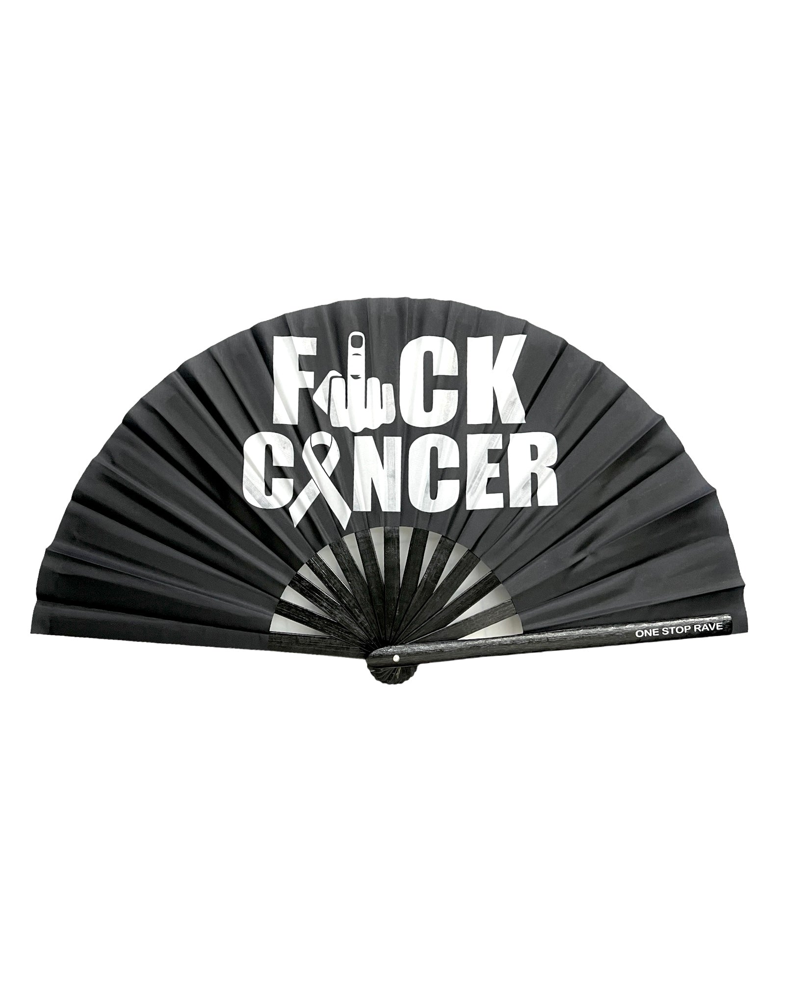 Black fan with 'F Cancer' text and white ribbon symbol on a white background
