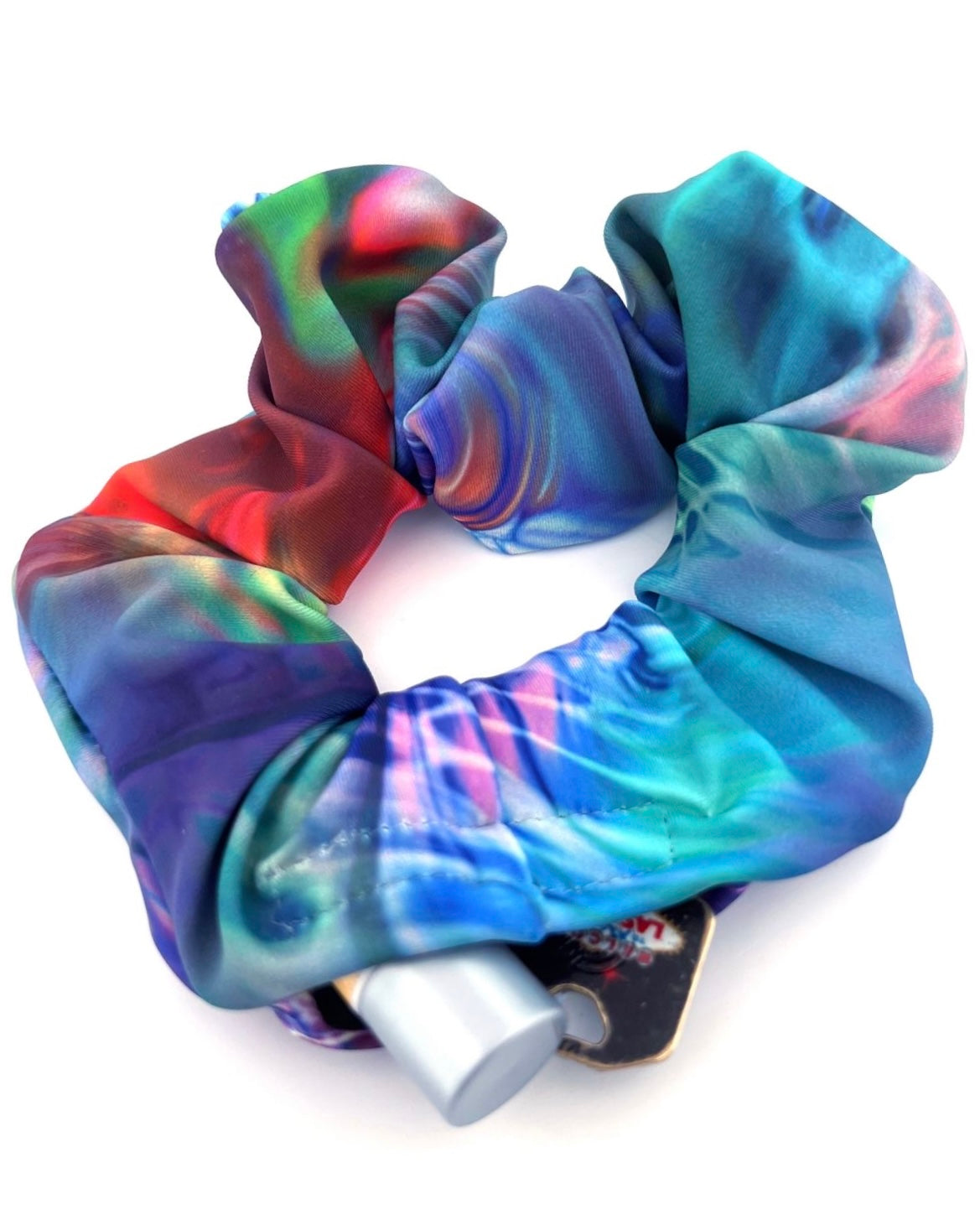 Fire and Ice Stash Scrunchie with velcro hidden pocket opened - One Stop Rave hand made in Las Vegas, NV, USA