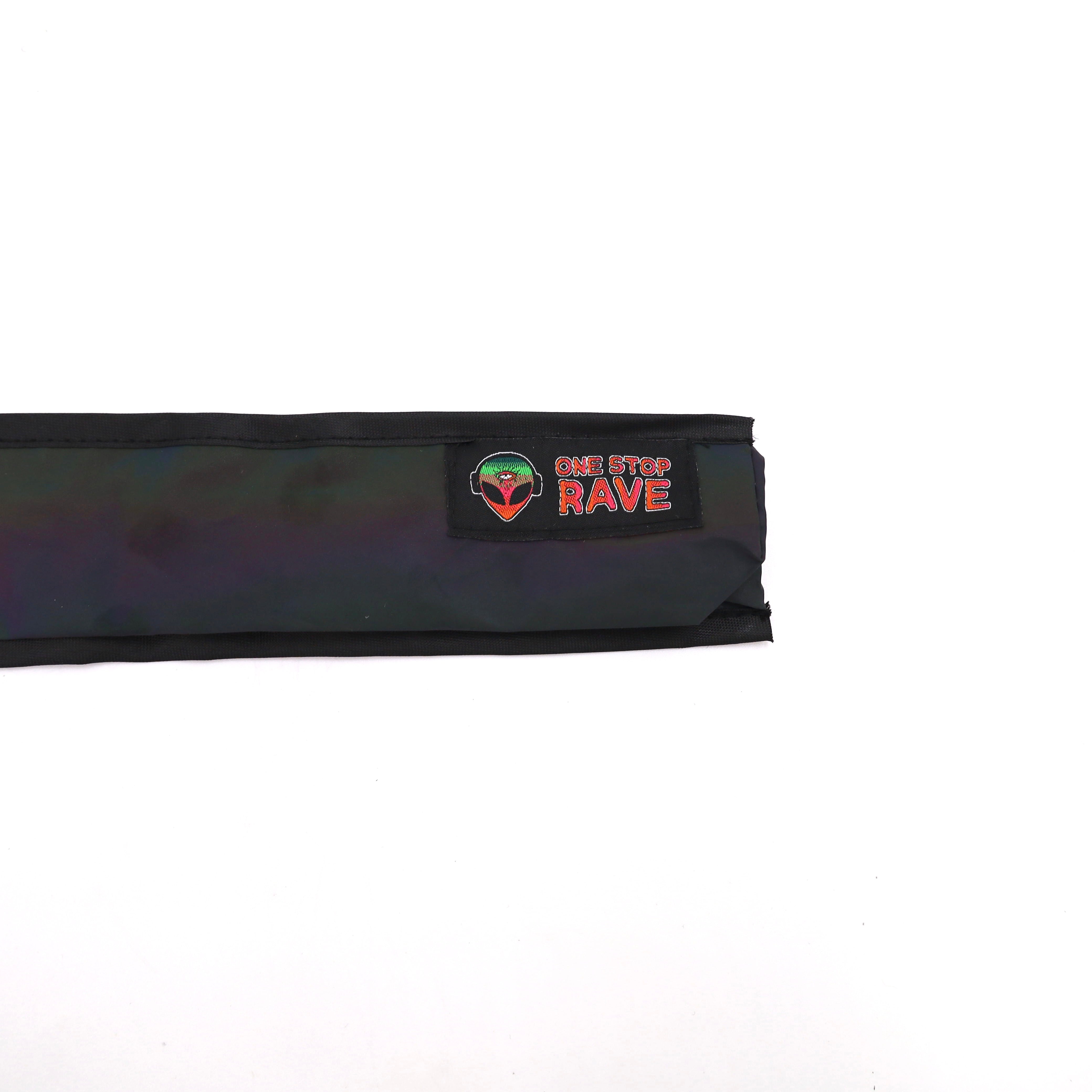 Flash reflective hand fan holster with One Stop Rave patch on bottom of holster.