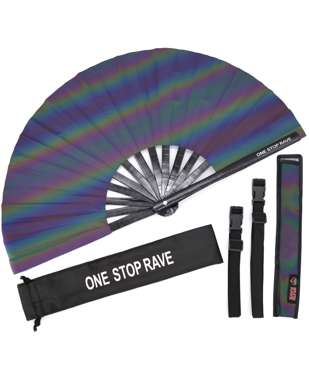Flash reflective hand fan with One Stop Rave flash reflective fan holster, dual adjustable straps, and carrying pouch. (Sold separately)