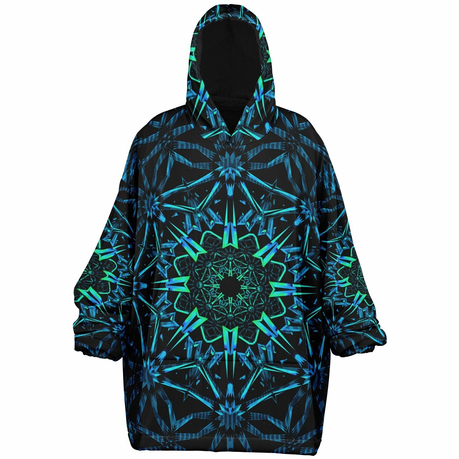 Hoodie with a blue and green geometric pattern on a white background