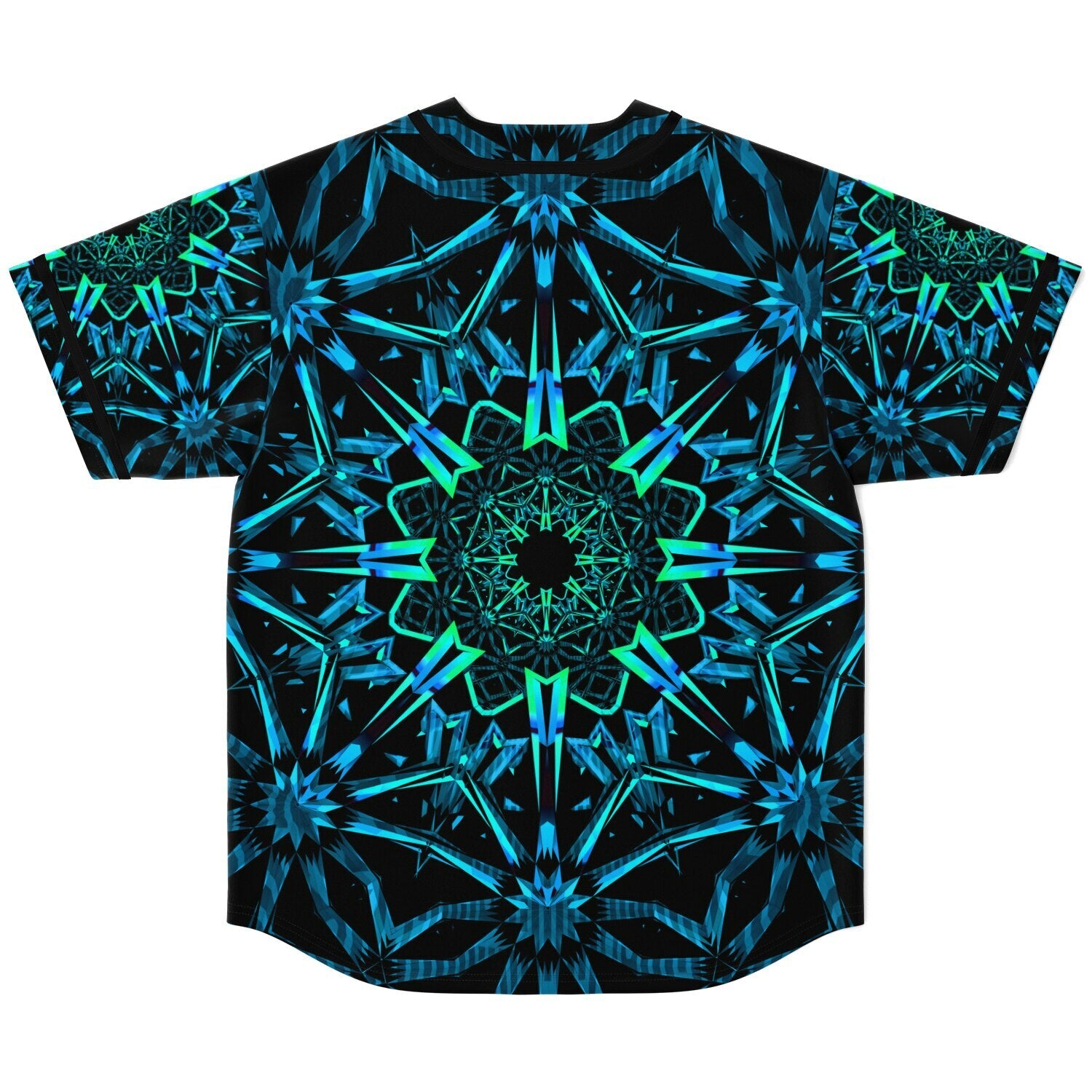 Baseball with a blue and green geometric pattern on a black background