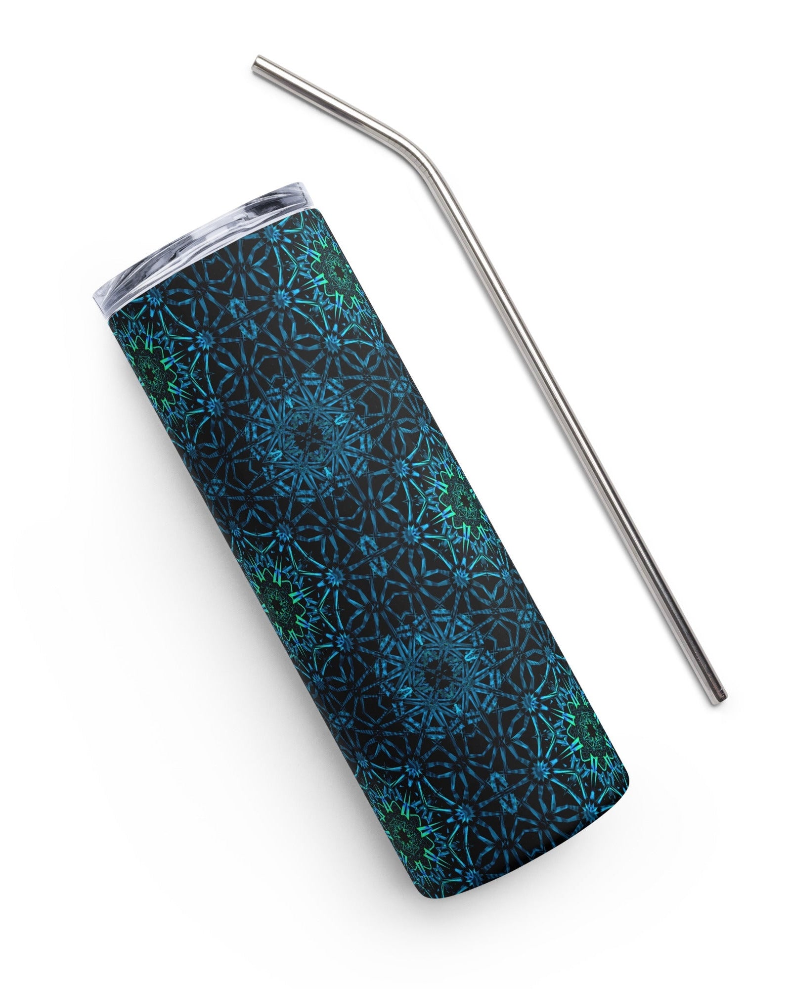 Fractals tumbler with lid on and metal straw