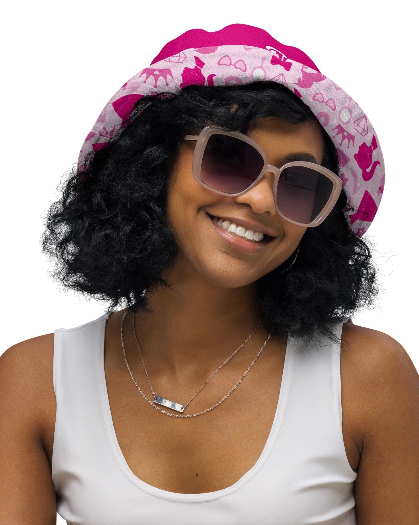 Model wearing the Rave Barbie Reversible Bucket Hat with it rolled up showing off the other side