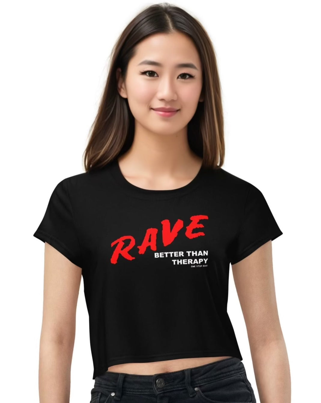 Model Wearing "Rave Better Than Therapy" Crop Tee